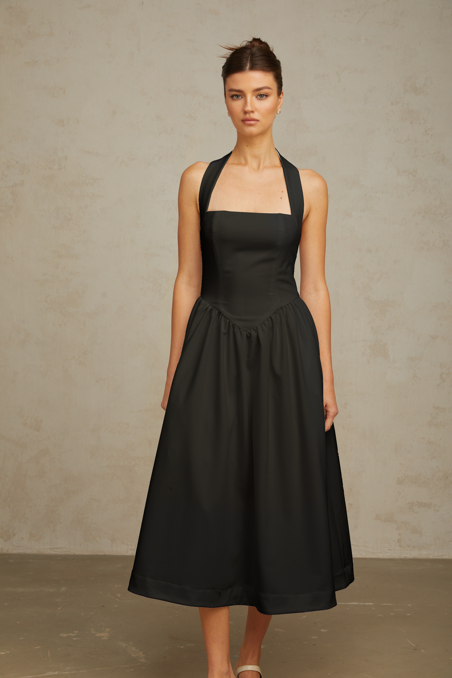 Alizée halterneck pleated midi dress in Black