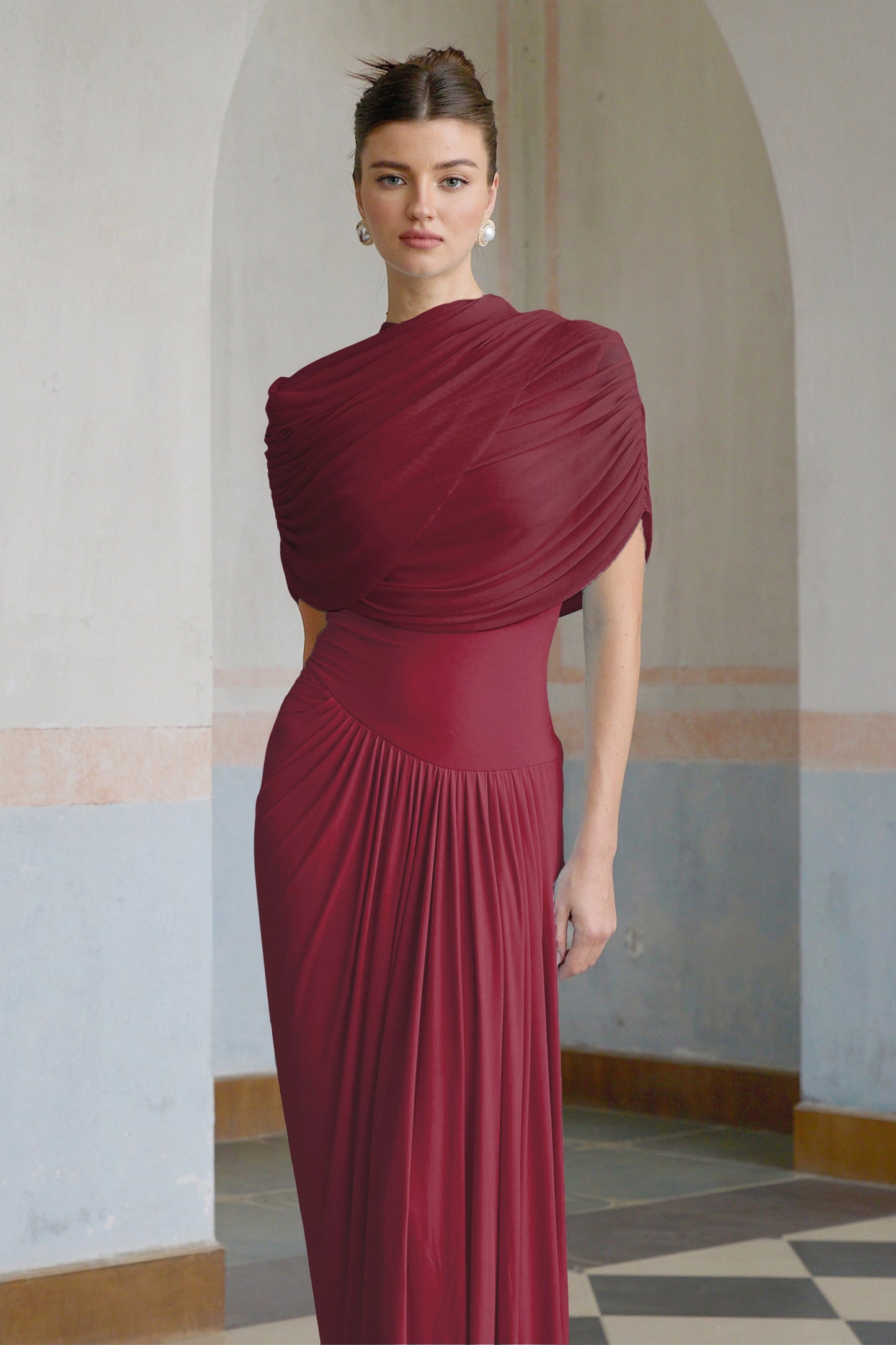 Vestale Asymmetrical Pleated Maxi Dress
