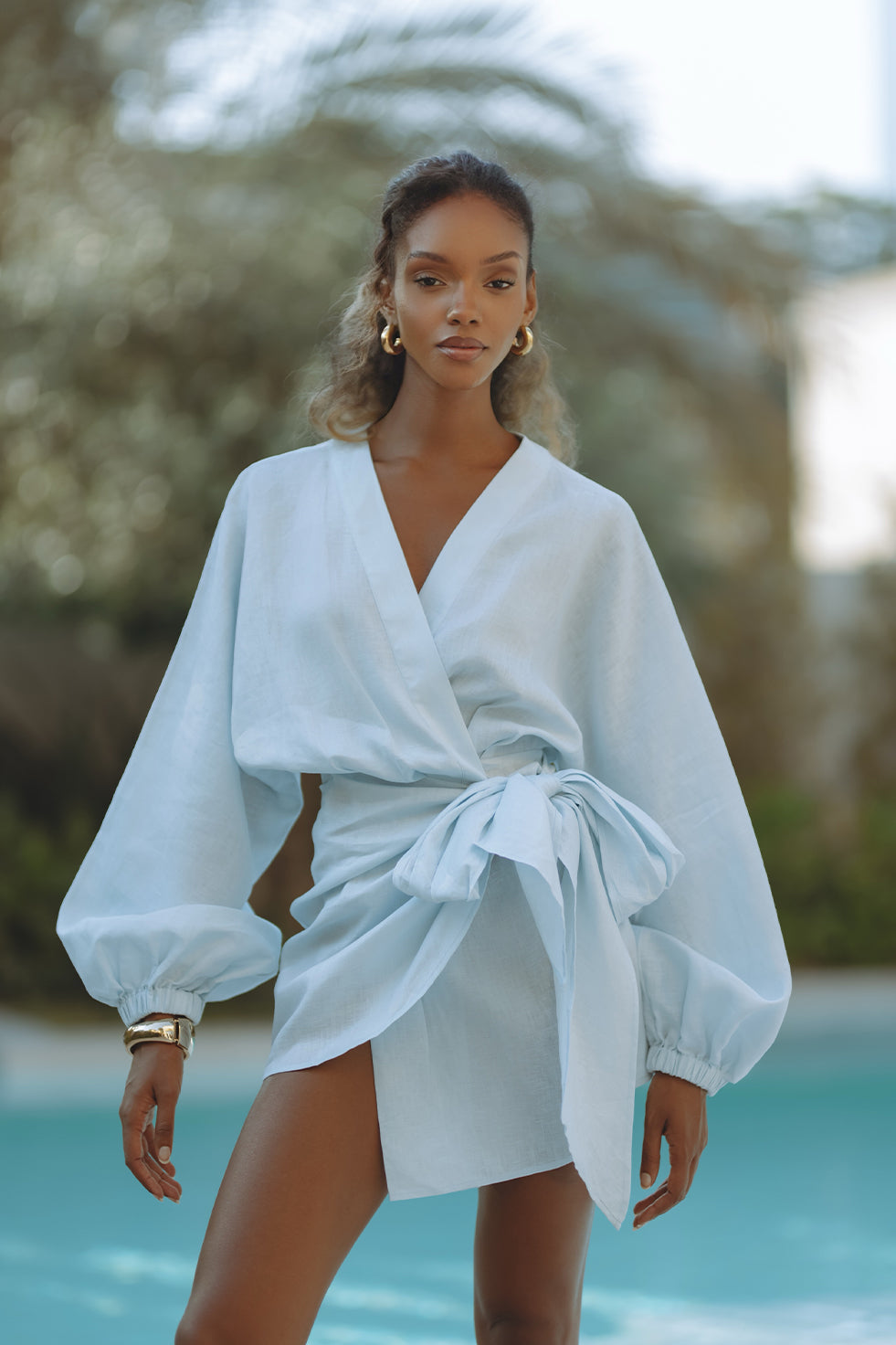 ROMARA LINEN MINI DRESS - SKY BLUE