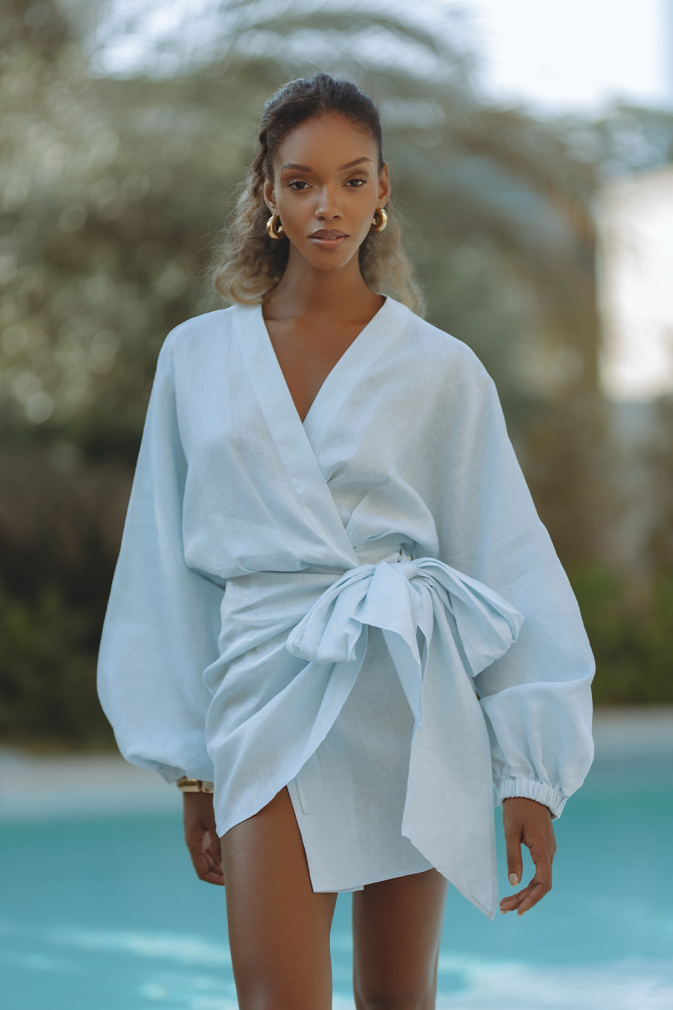 ROMARA LINEN MINI DRESS - SKY BLUE