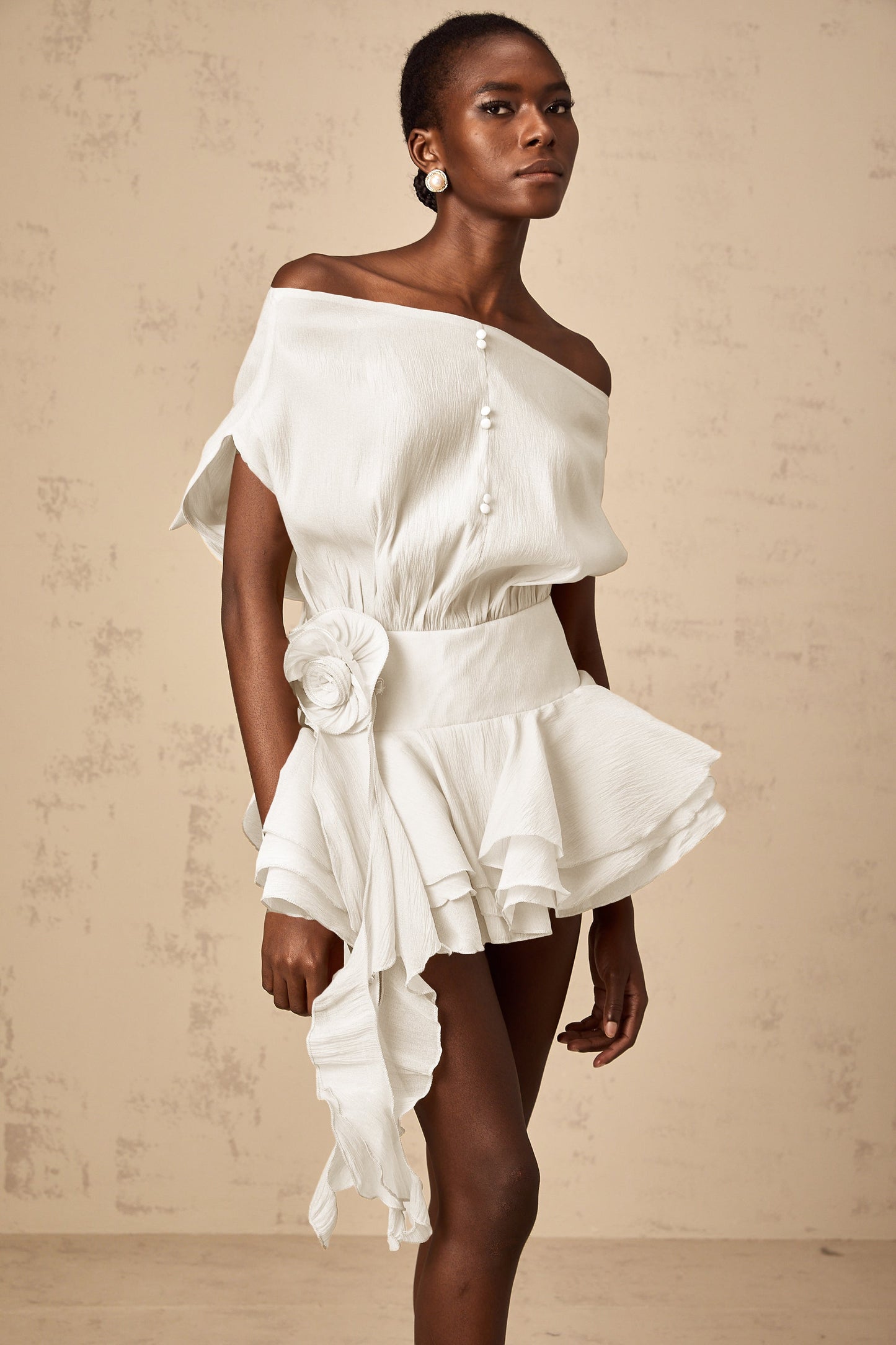 Amélie floral-appliqué flounced mini dress in White