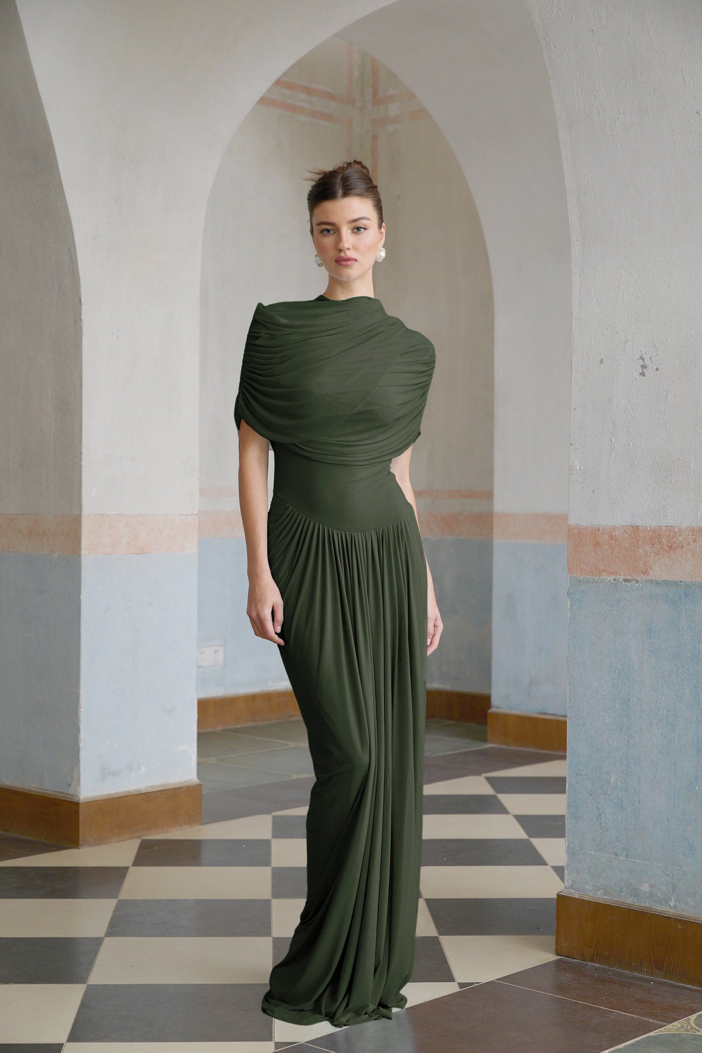 Vestale Asymmetrical Pleated Maxi Dress