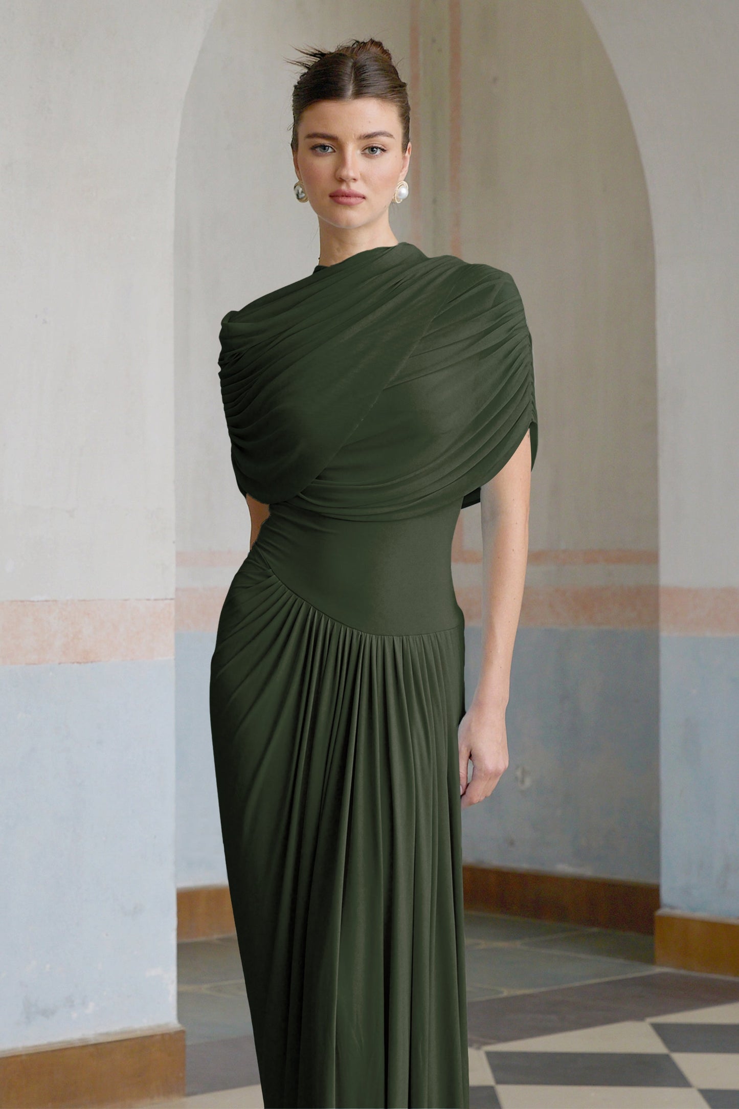 Vestale Asymmetrical Pleated Maxi Dress