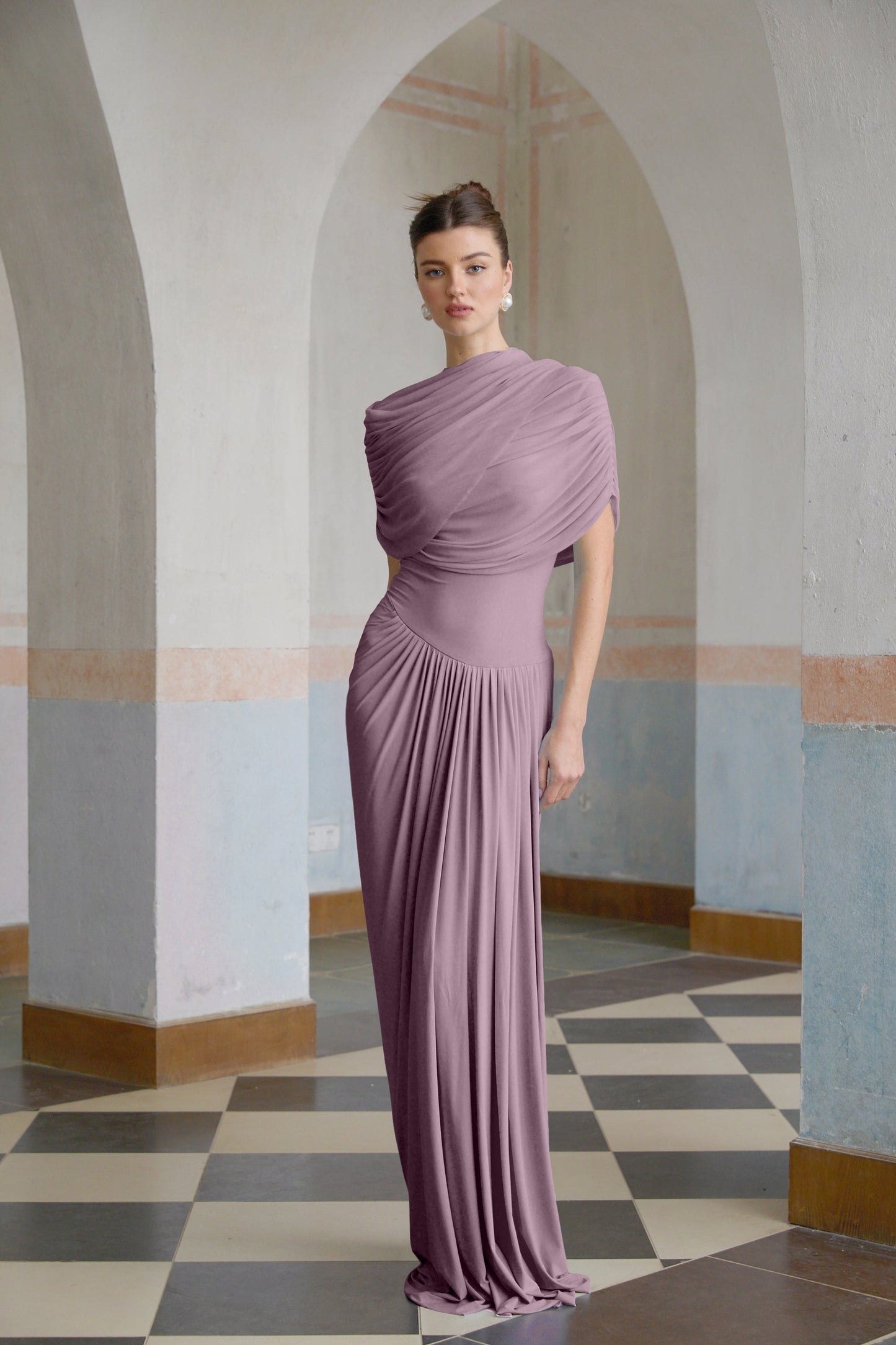 Vestale Asymmetrical Pleated Maxi Dress