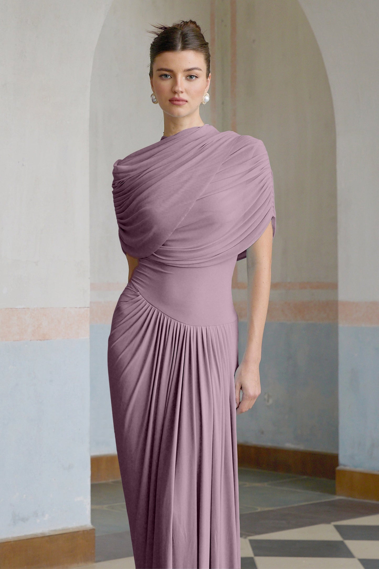 Vestale Asymmetrical Pleated Maxi Dress
