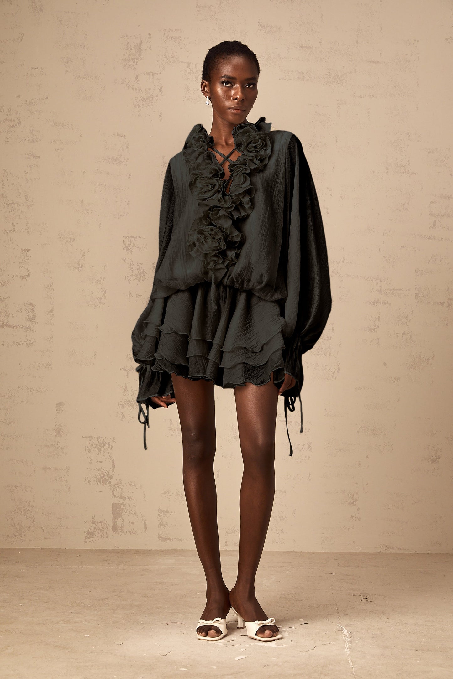 Zéphyrine floral-appliqué tiered mini dress in Black (US Only)