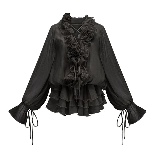 Zéphyrine floral-appliqué tiered mini dress in Black (US Only)