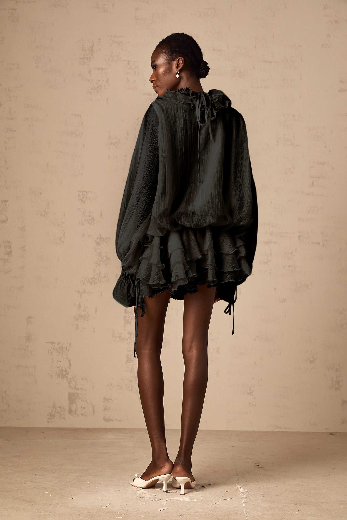 Zéphyrine floral-appliqué tiered mini dress in Black (US Only)