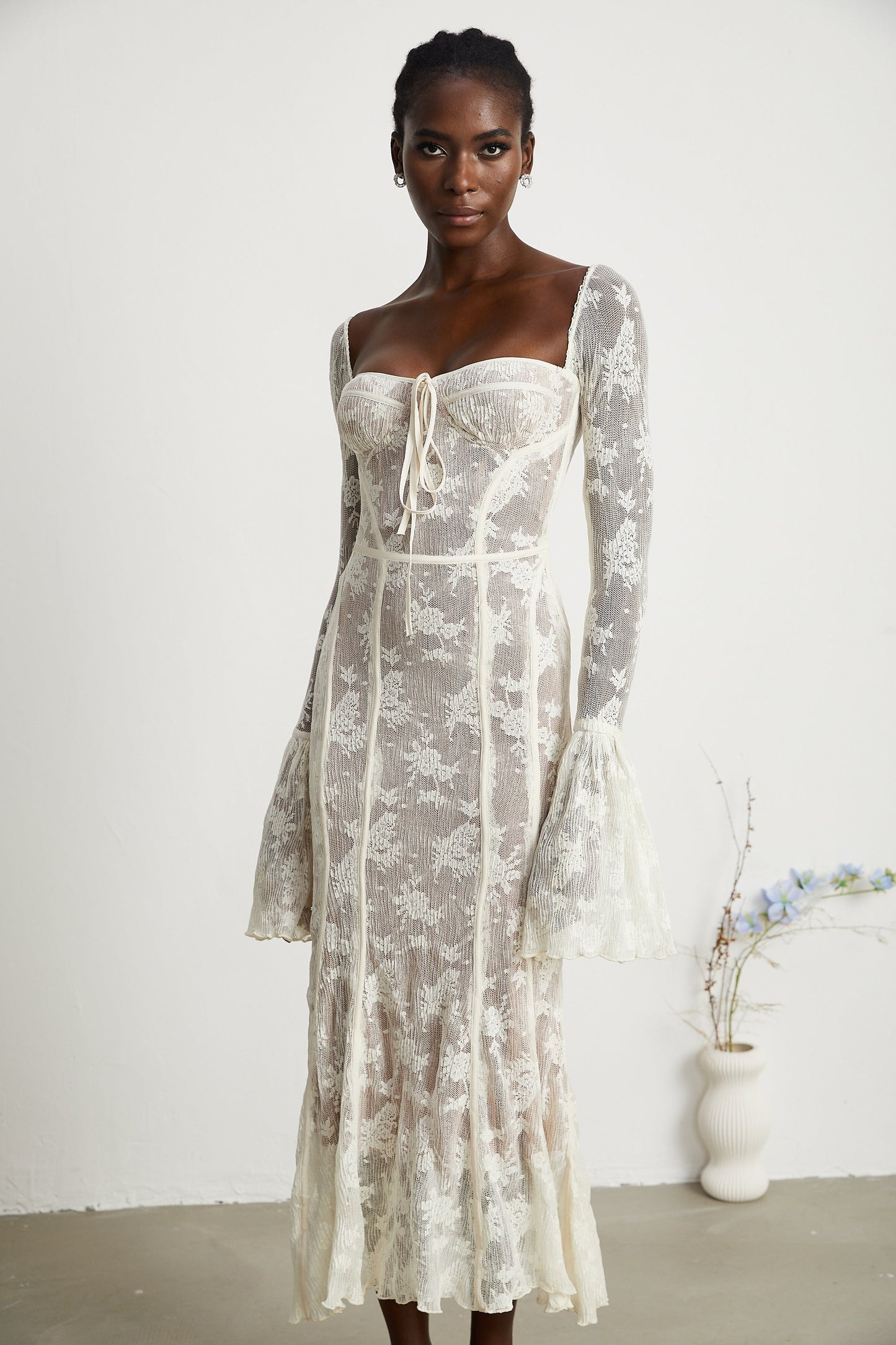 Marlene White Flared Lace Maxi Dress