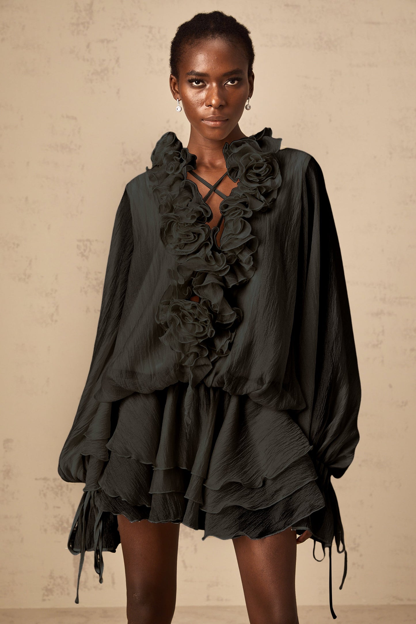 Zéphyrine floral-appliqué tiered mini dress in Black (US Only)