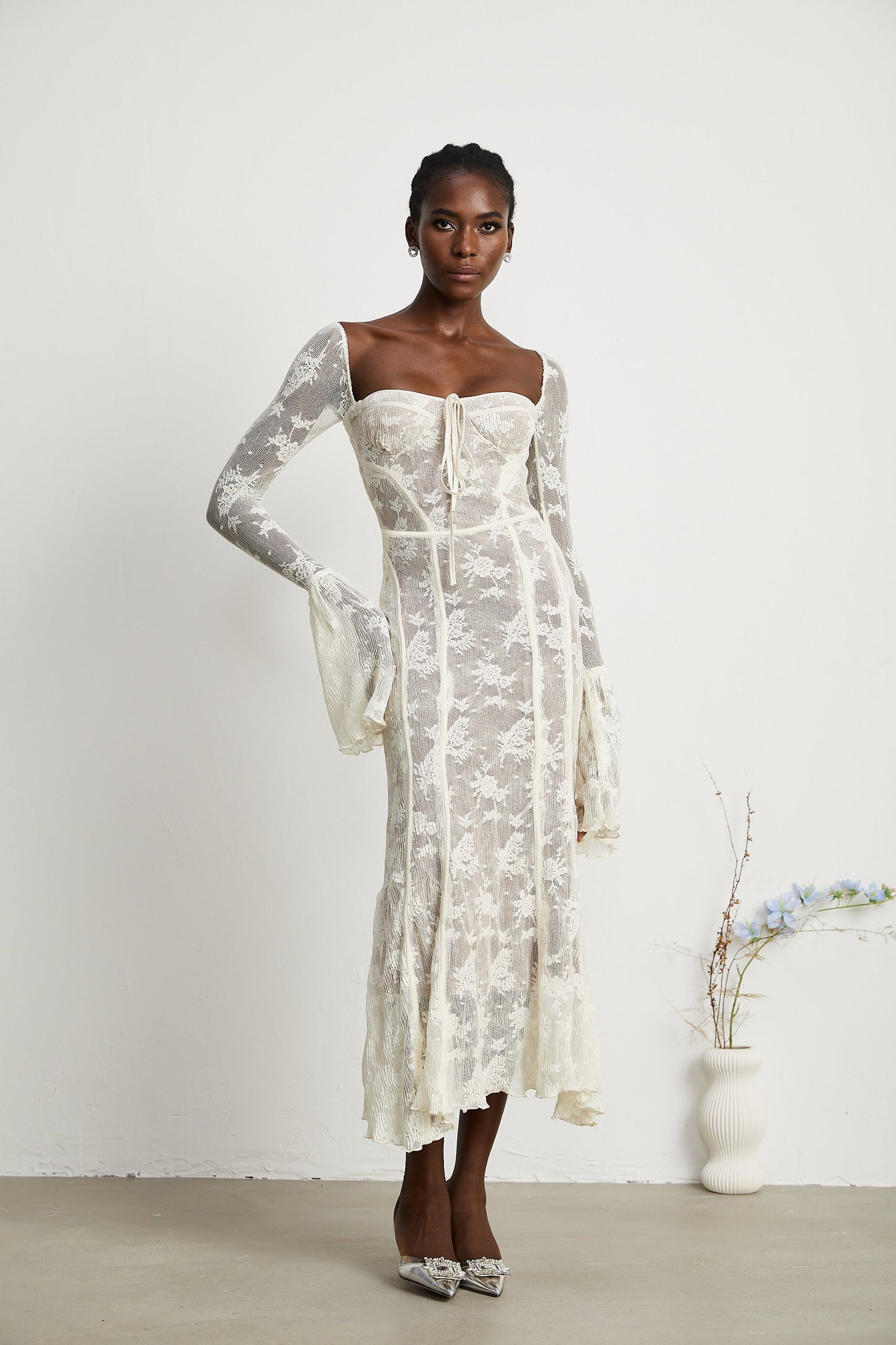 Marlene White Flared Lace Maxi Dress