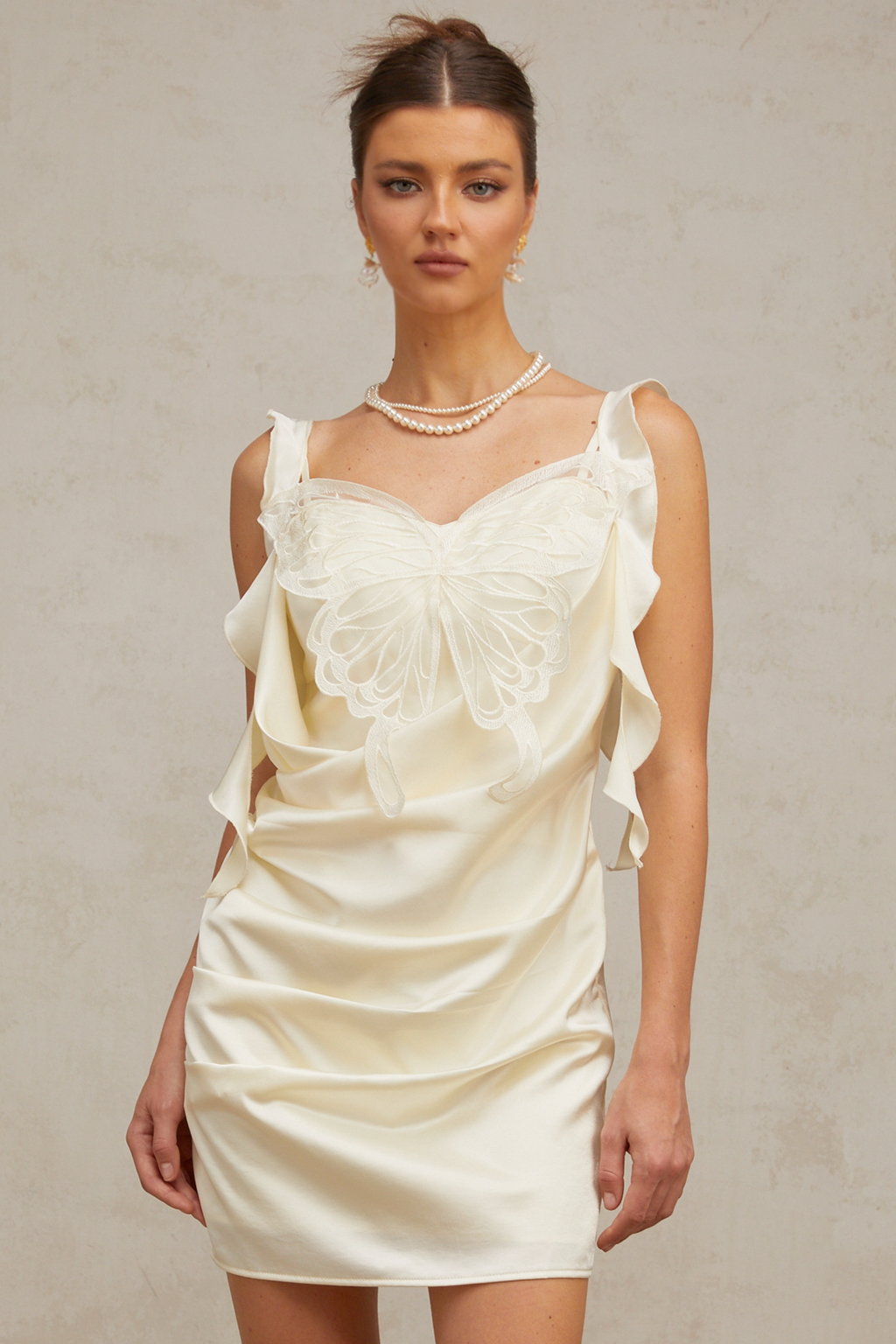 Sylvia neutrals butterfly draped mini dress