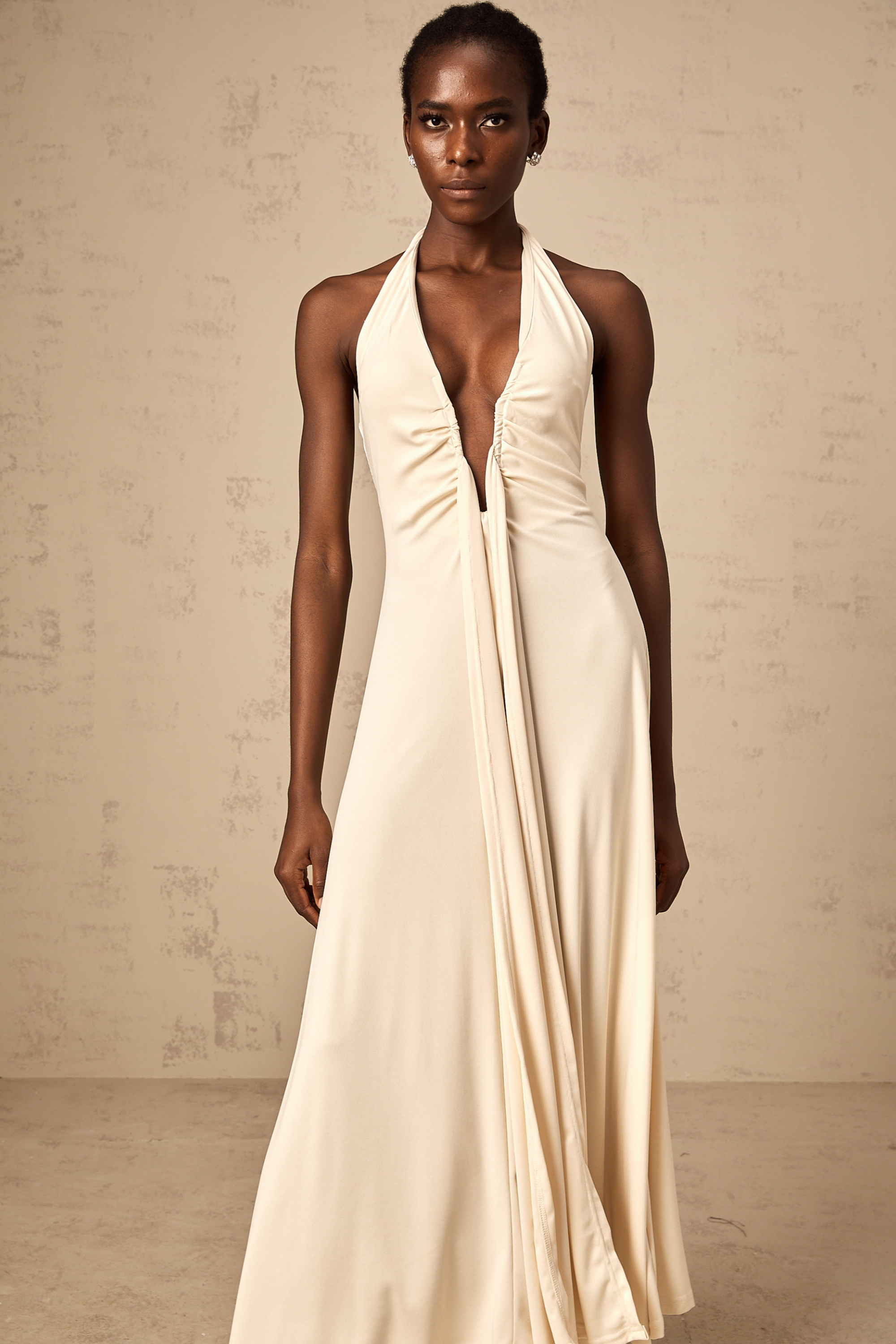 Géraldine white deep V-neck draped maxi dress