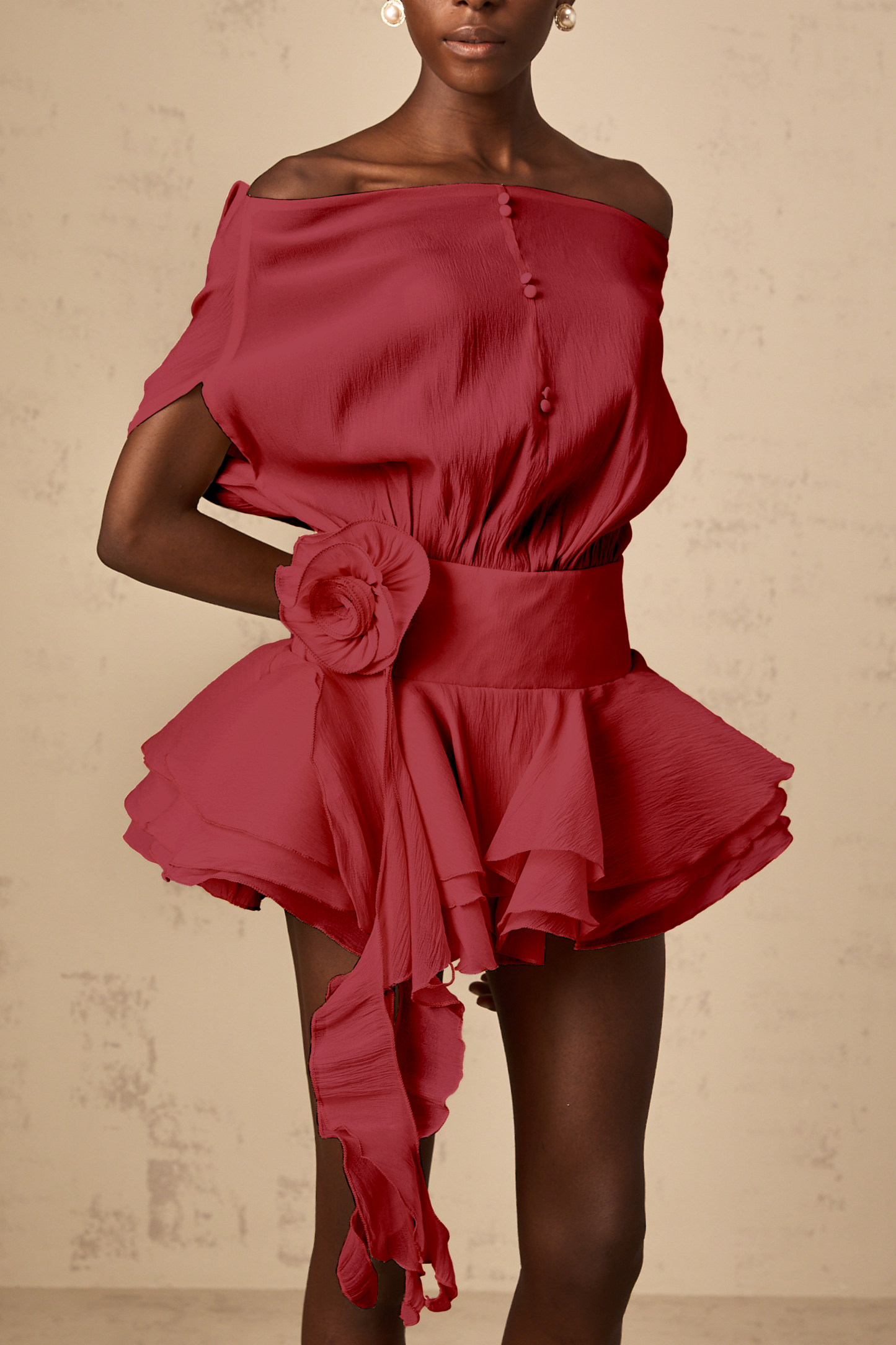 Amélie floral-appliqué flounced mini dress in Red