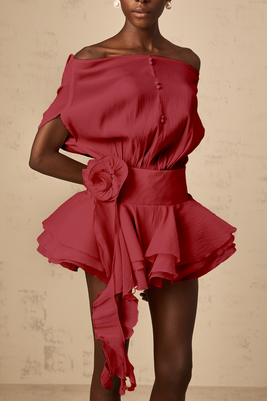 Amélie floral-appliqué flounced mini dress in Red