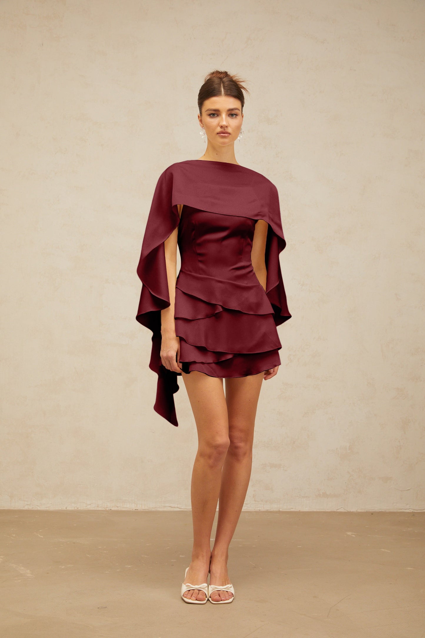 Lyna shawl-panel ruffled satin mini dress in Red
