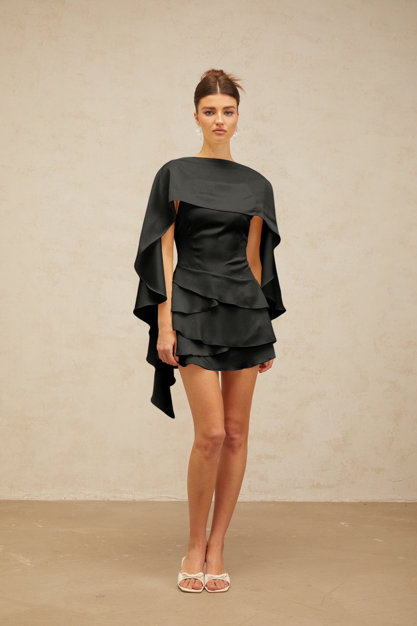 Lyna Black Satin Ruffled Mini Dress with Shawl Panel Detail