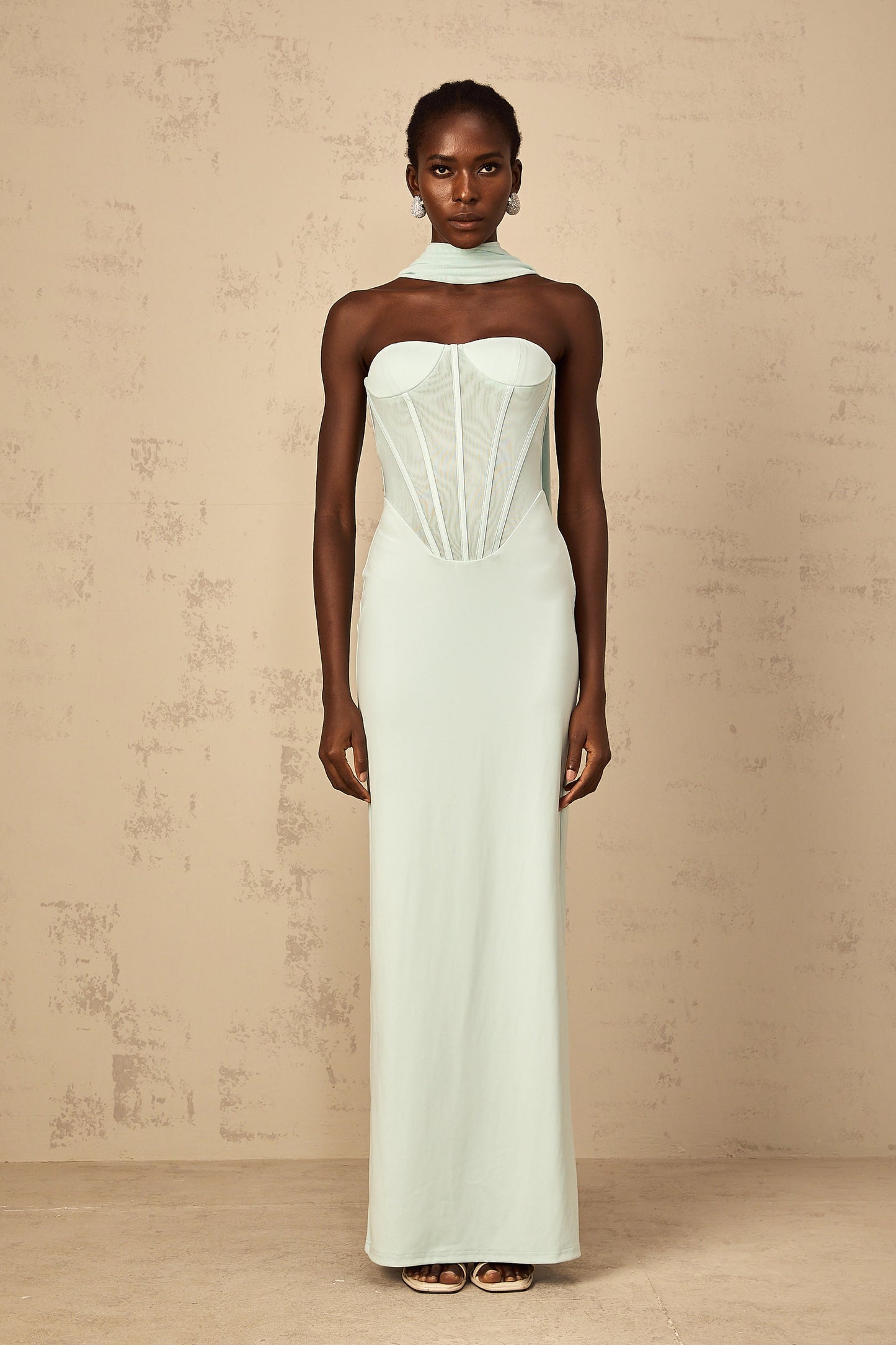 Béryl mint-green tulle-panel corset maxi dress