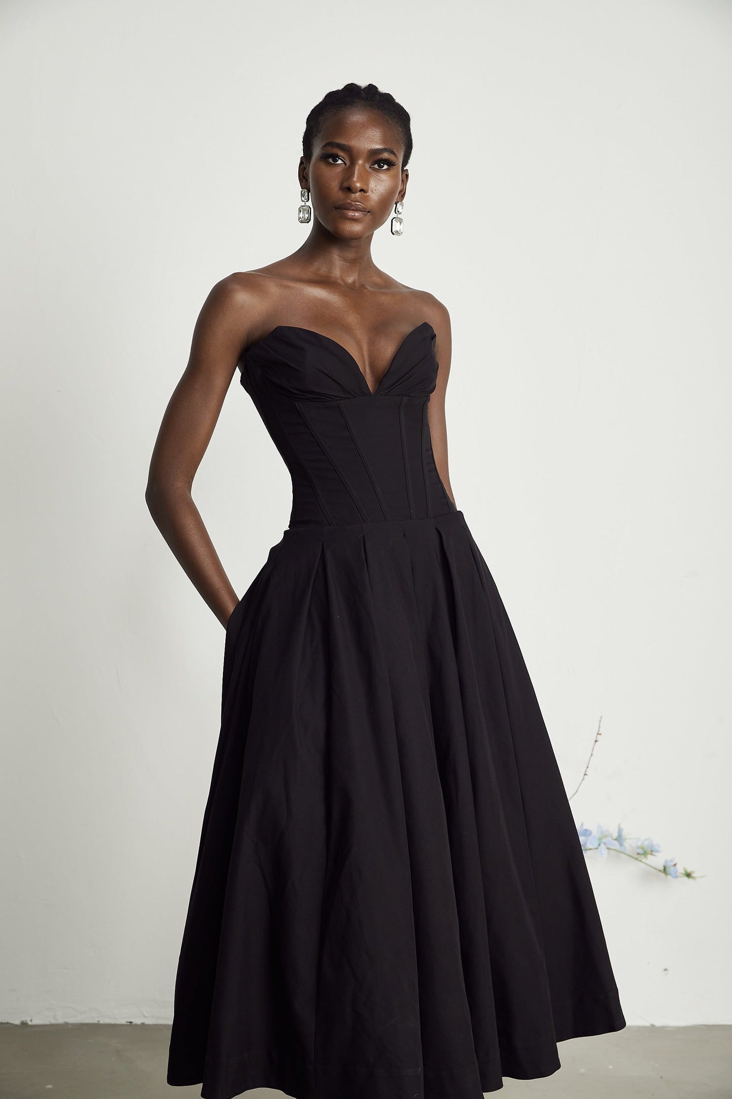Katherine Black Off-Shoulder Corset Midi Dress