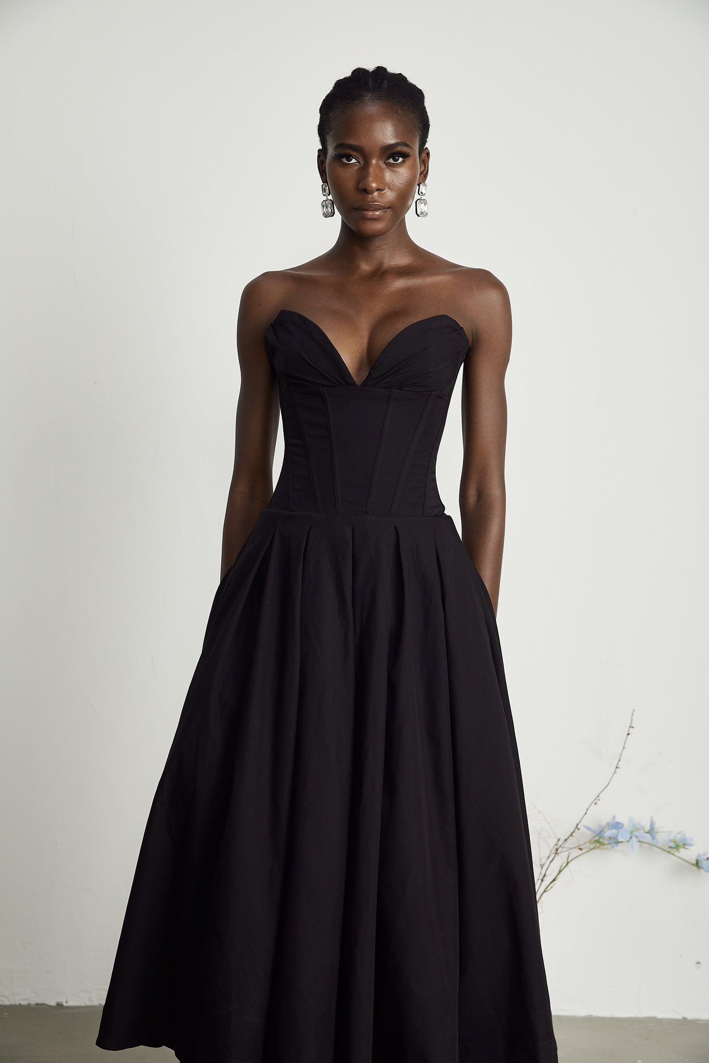 Katherine Black Off-Shoulder Corset Midi Dress