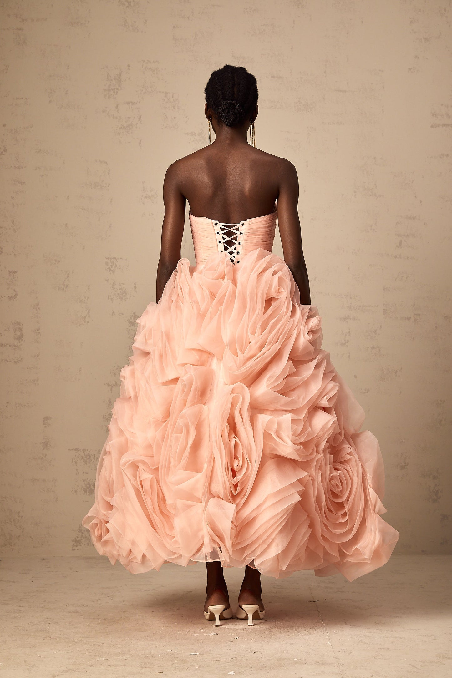 Leane Pink Off-Shoulder Tulle Midi Dress with 3D Petal Detail