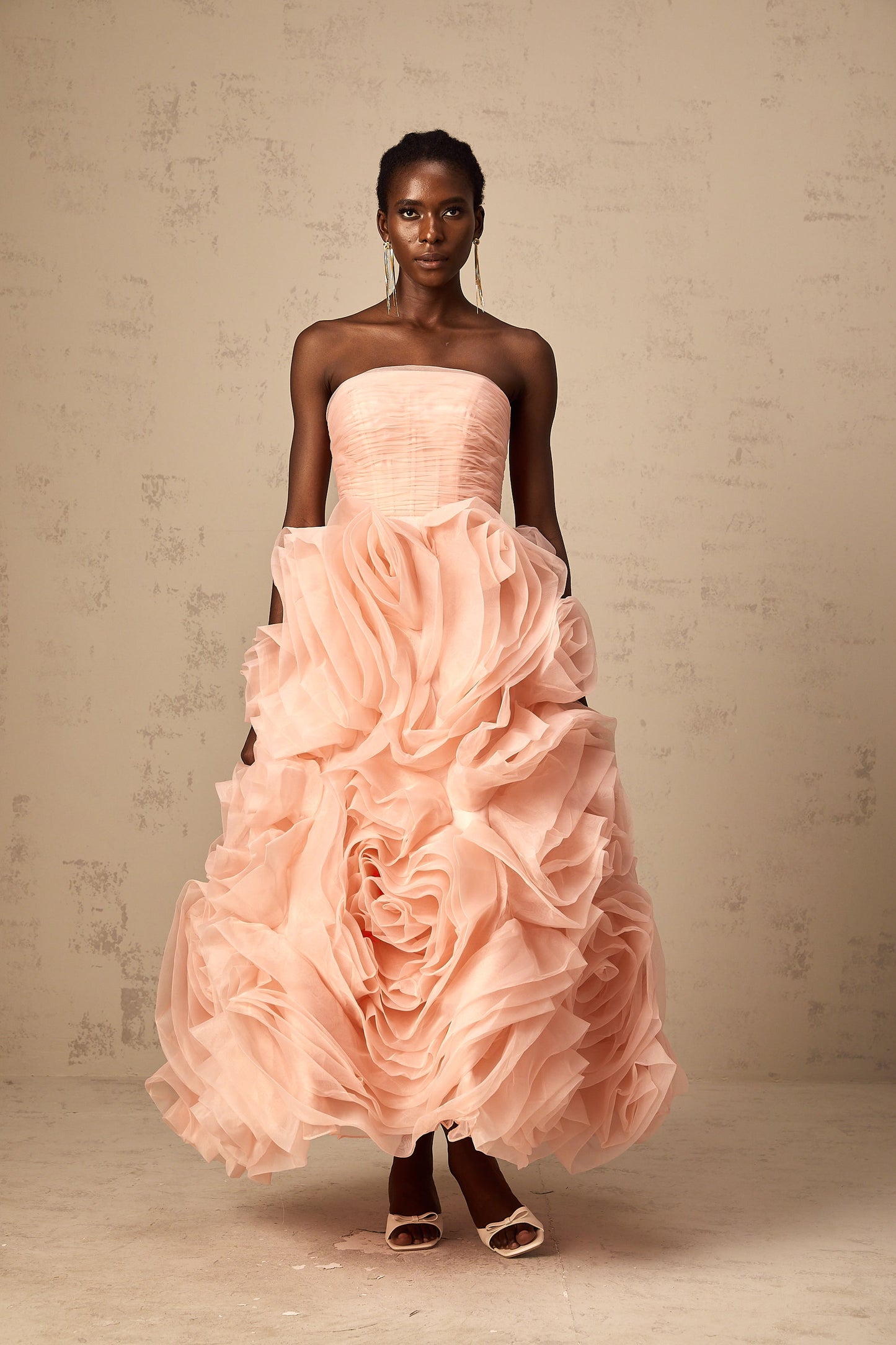 Leane Pink Off-Shoulder Tulle Midi Dress with 3D Petal Detail