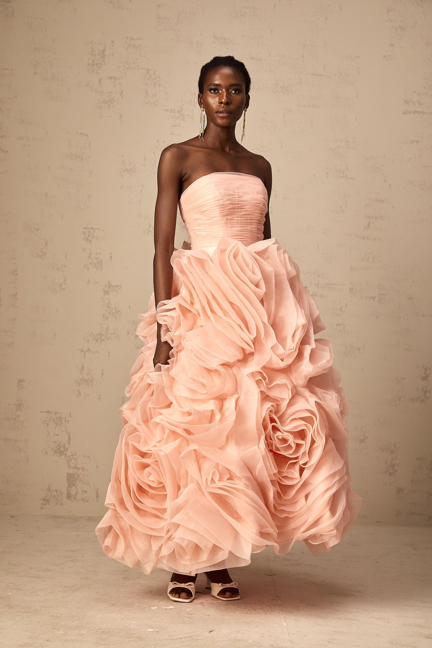 Leane Pink Off-Shoulder Tulle Midi Dress with 3D Petal Detail