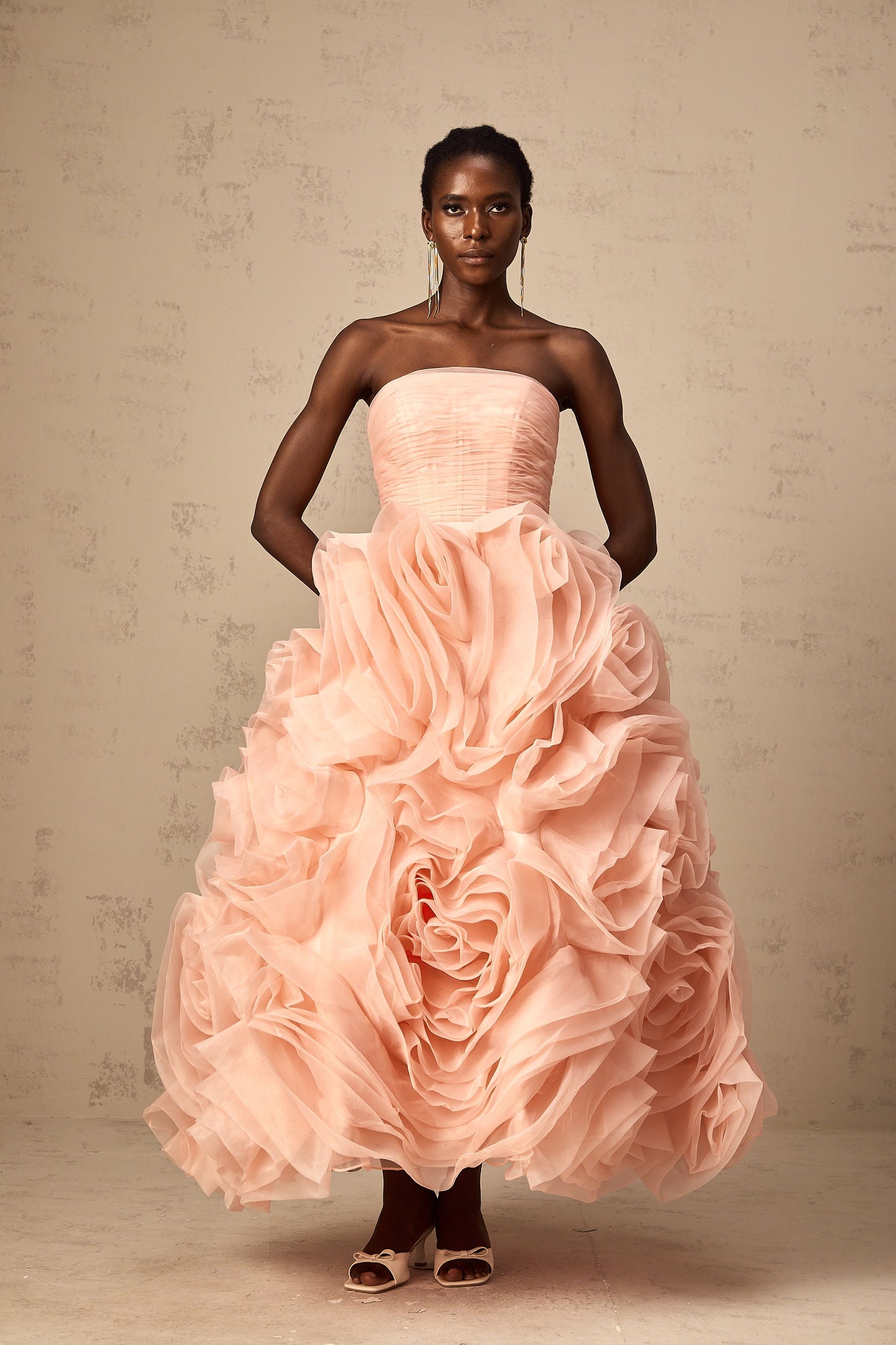 Leane Pink Off-Shoulder Tulle Midi Dress with 3D Petal Detail