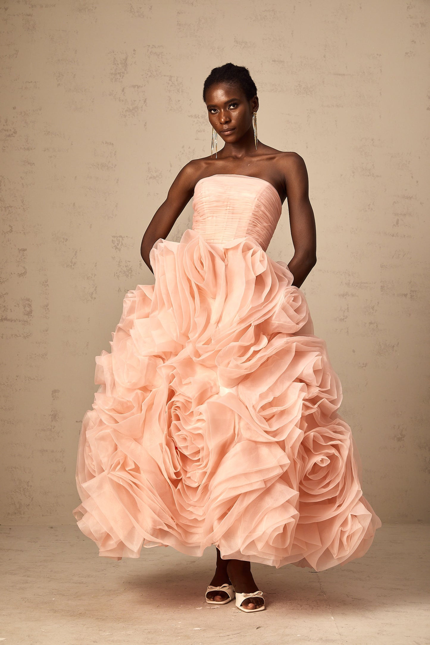 Leane Pink Off-Shoulder Tulle Midi Dress with 3D Petal Detail