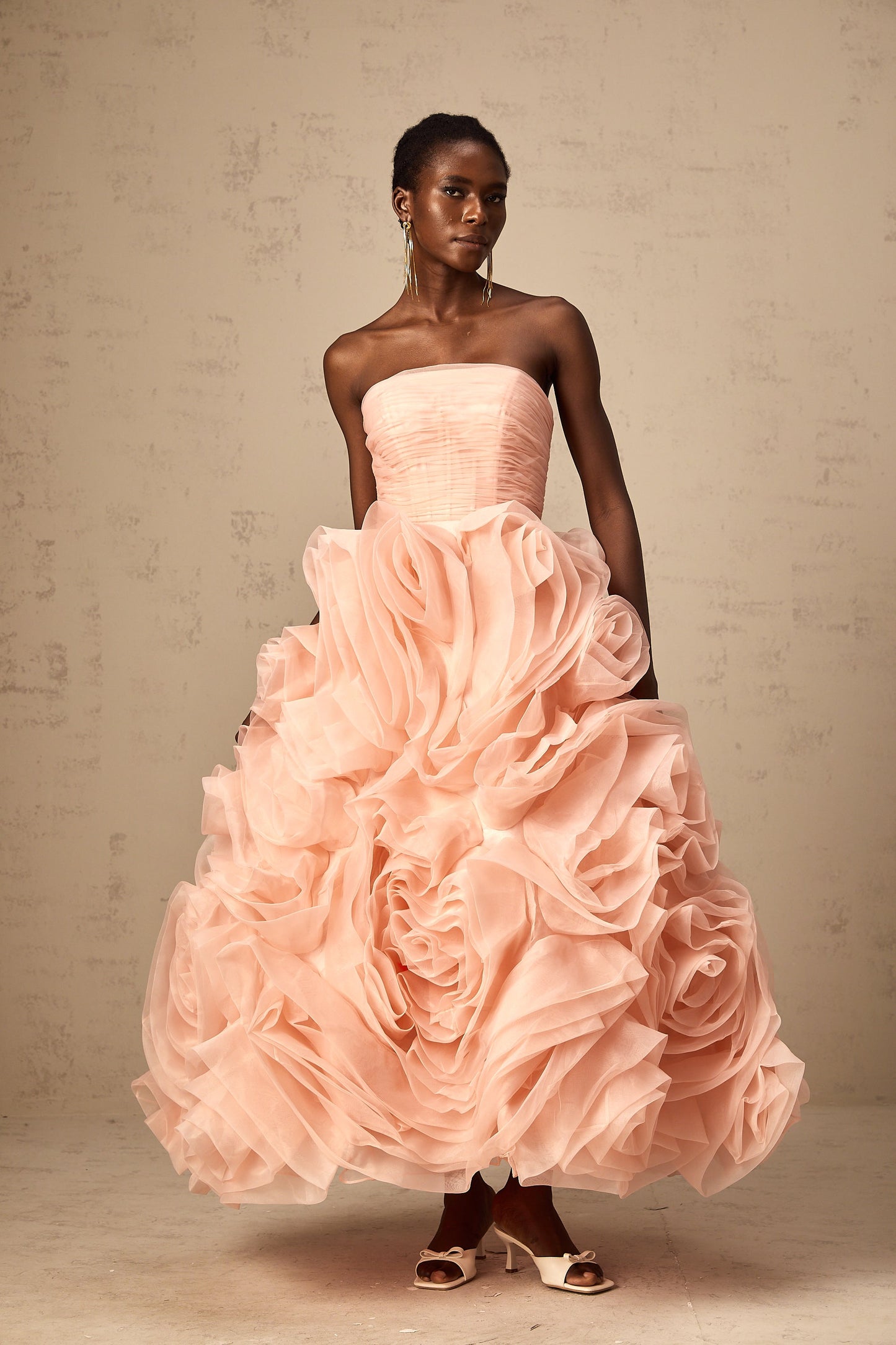 Leane Pink Off-Shoulder Tulle Midi Dress with 3D Petal Detail