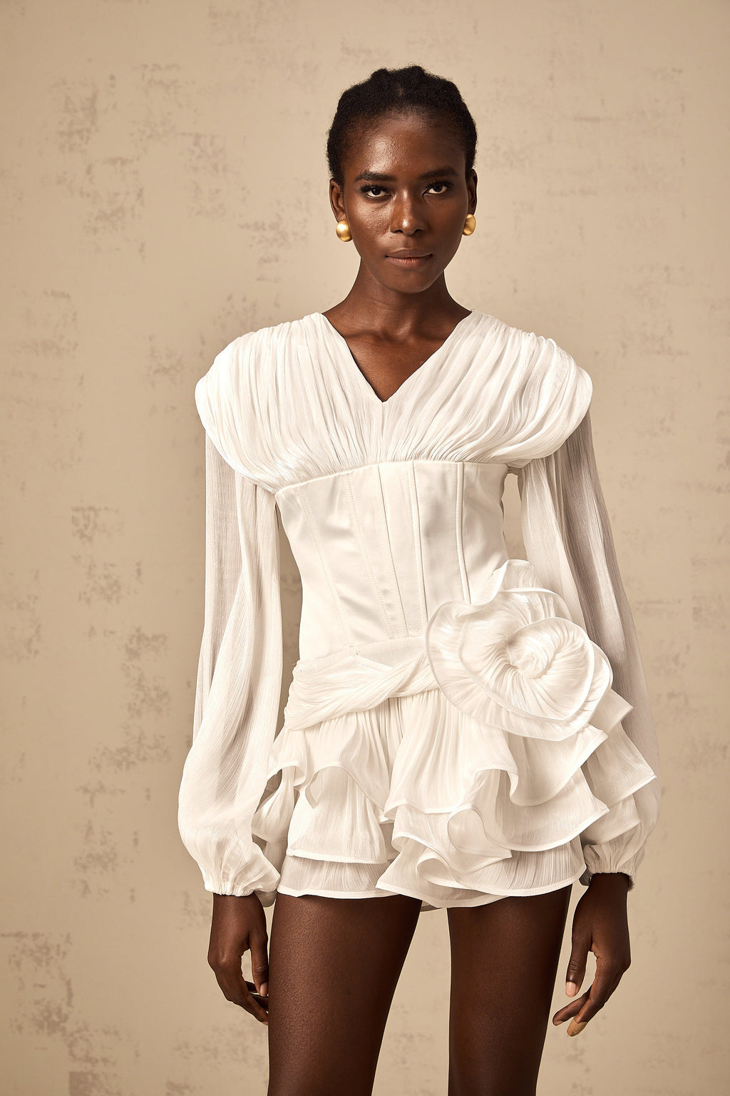 Rosier fully-pleated cinched mini dress in White