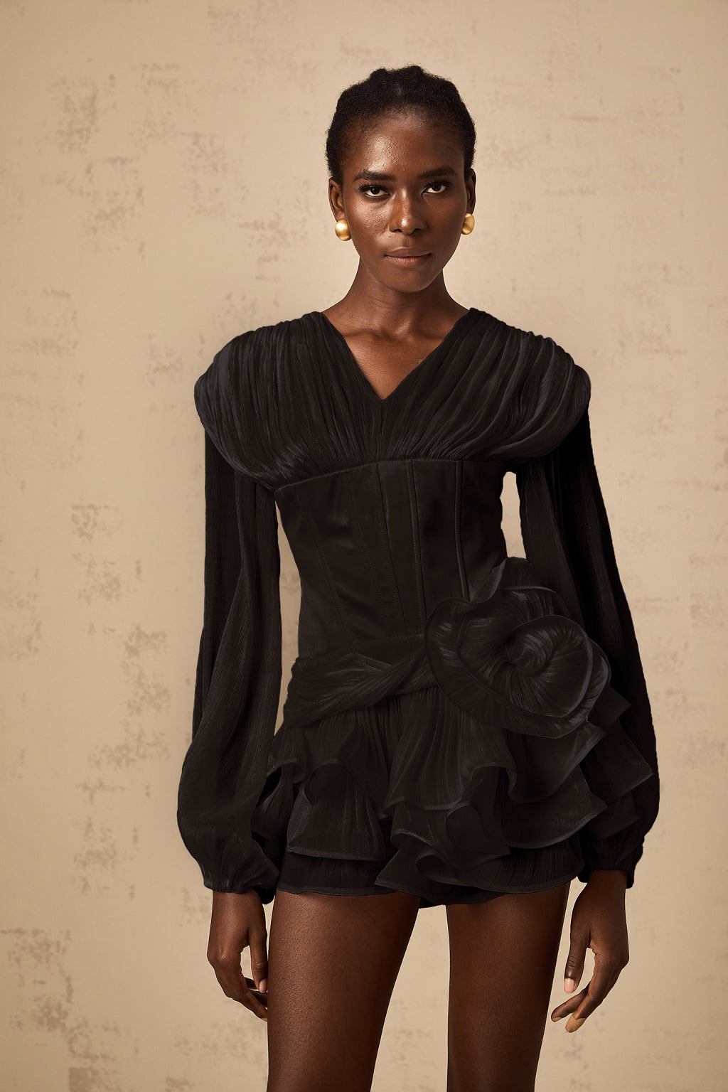 Rosier fully-pleated cinched mini dress in Black