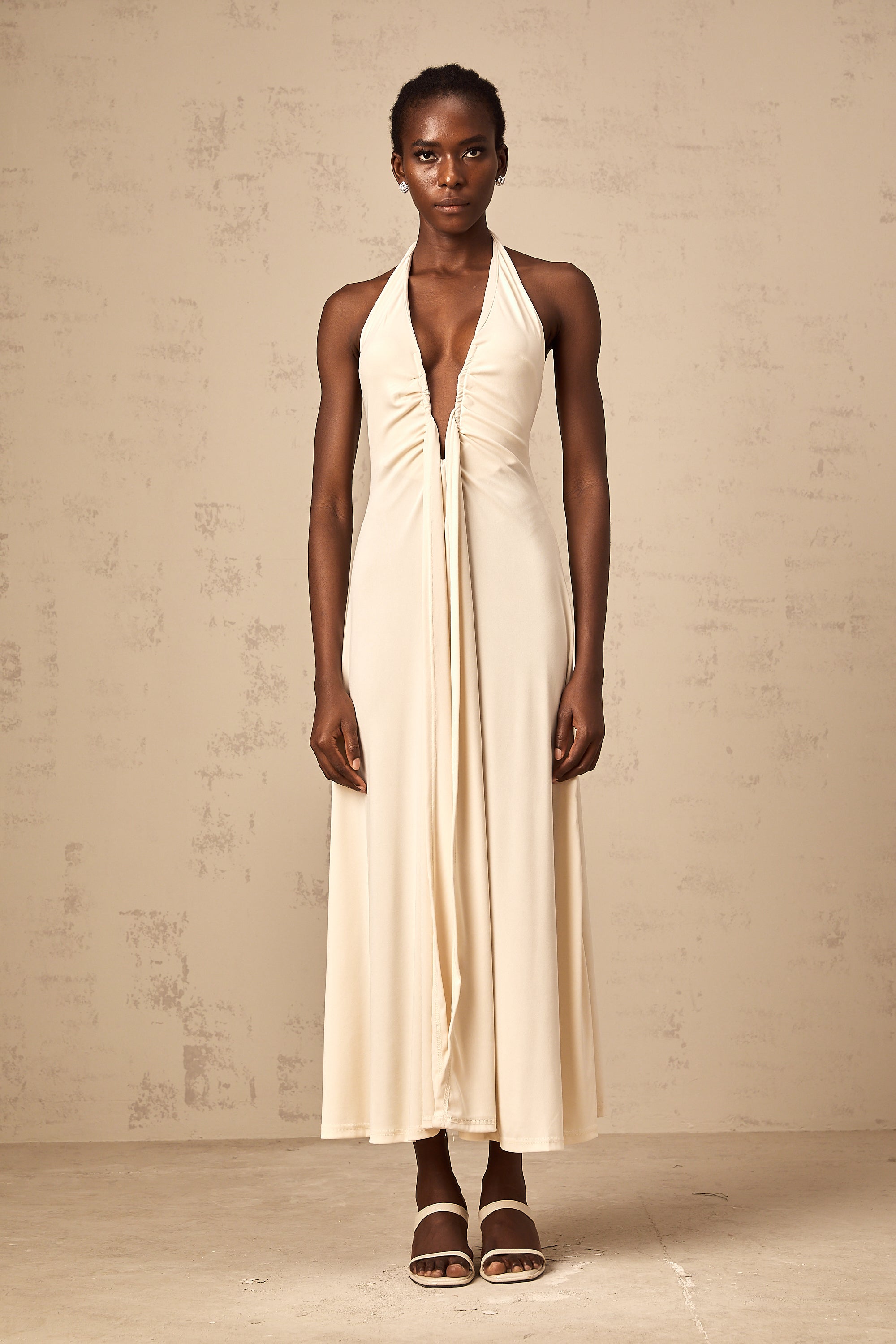 Géraldine white deep V-neck draped maxi dress