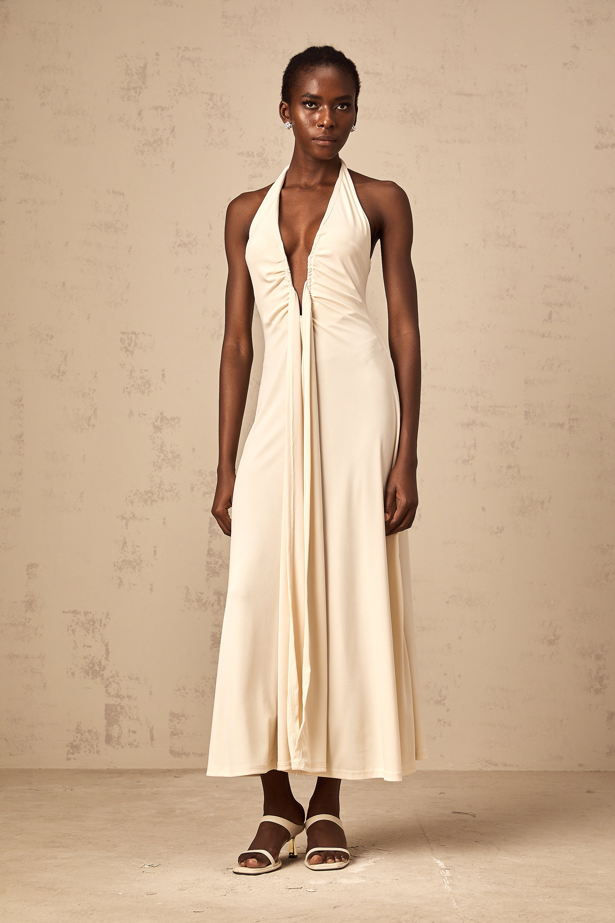 Géraldine white deep V-neck draped maxi dress