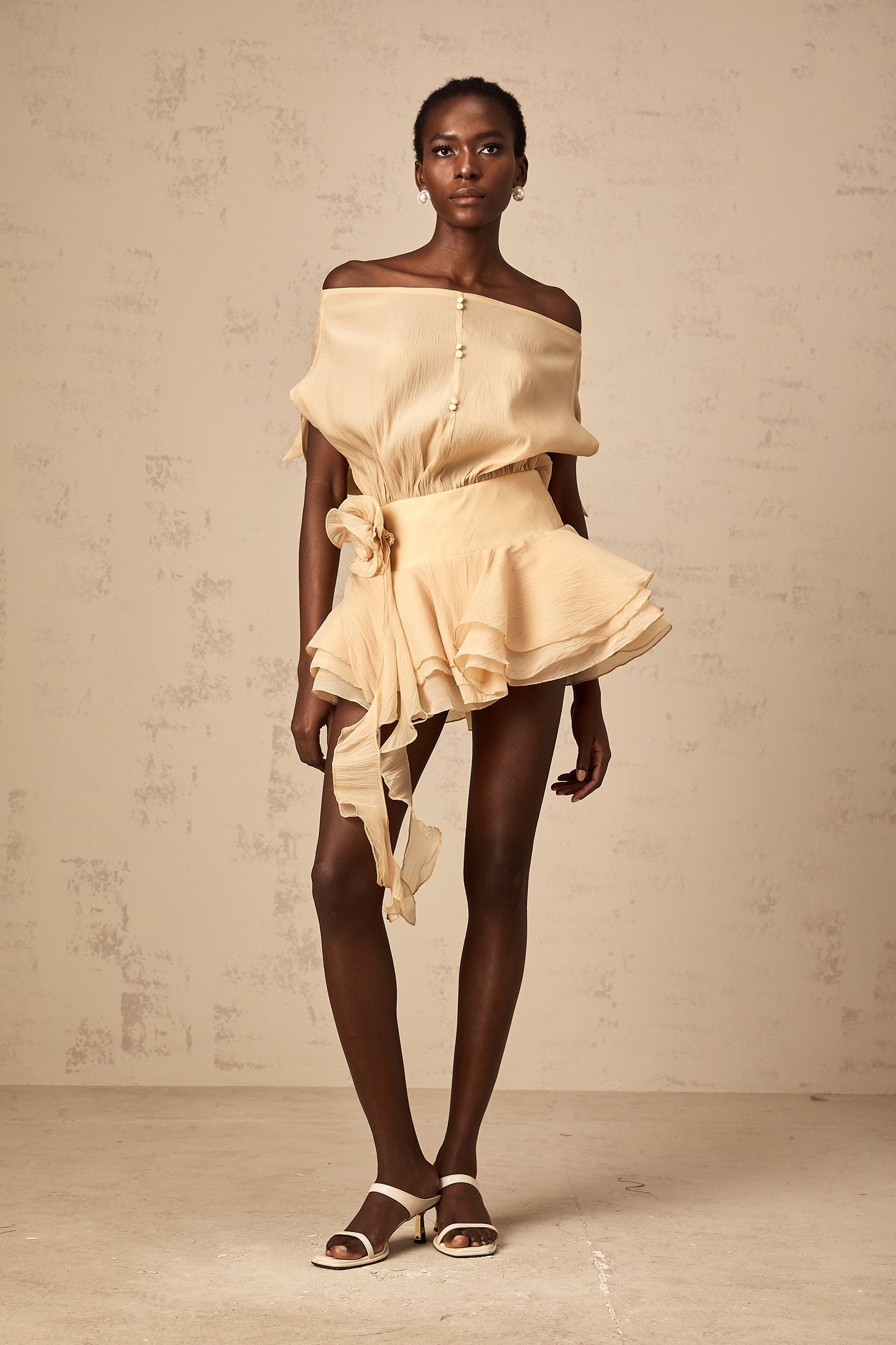 Amélie floral-appliqué flounced mini dress in Neutrals