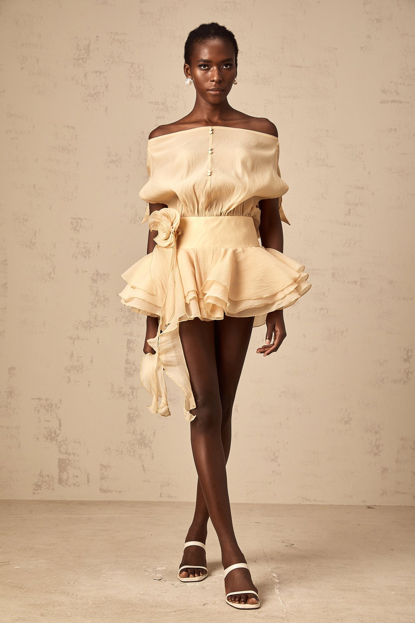 Amélie floral-appliqué flounced mini dress in Neutrals
