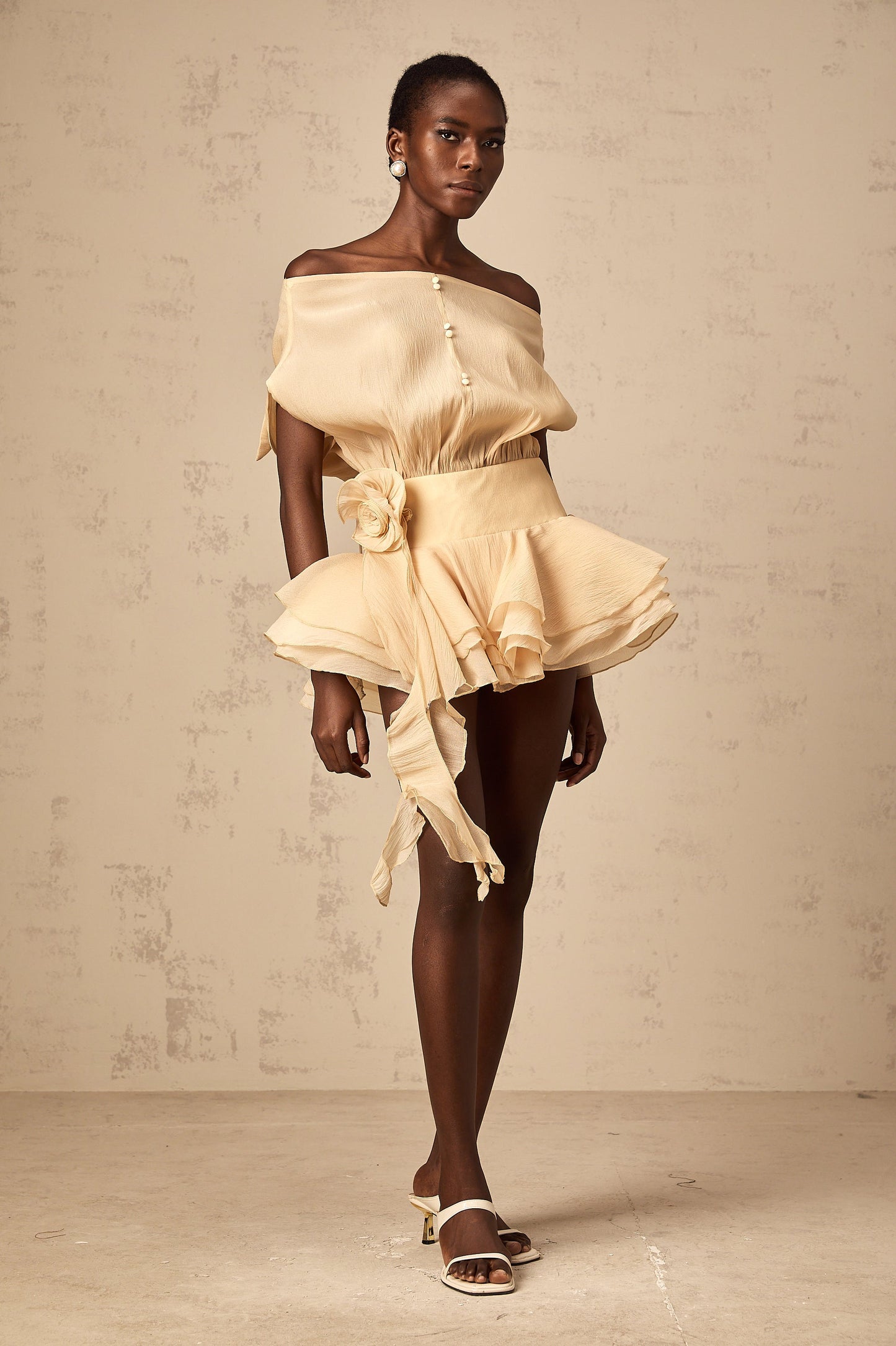 Amélie floral-appliqué flounced mini dress in Neutrals