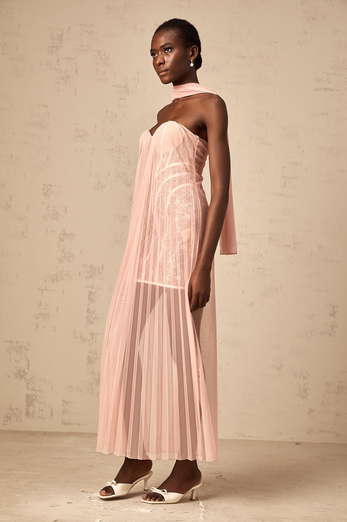 Monique ribbon-design pleated tulle maxi dress in Pink