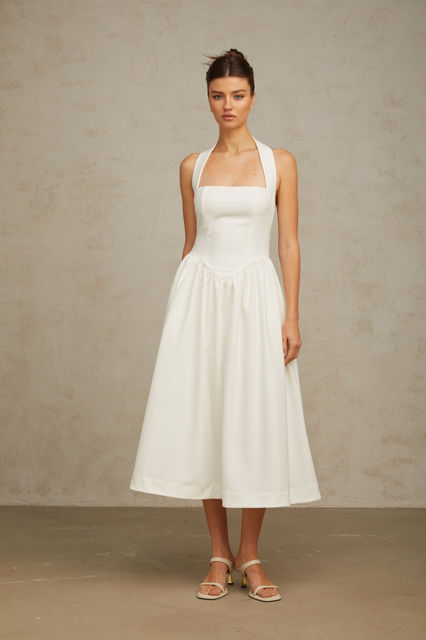 Alizée halterneck pleated midi dress in White