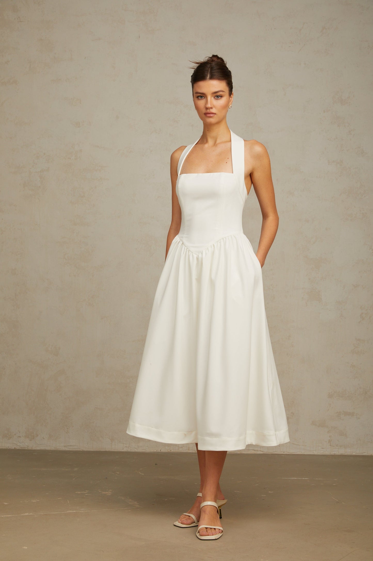 Alizée halterneck pleated midi dress in White