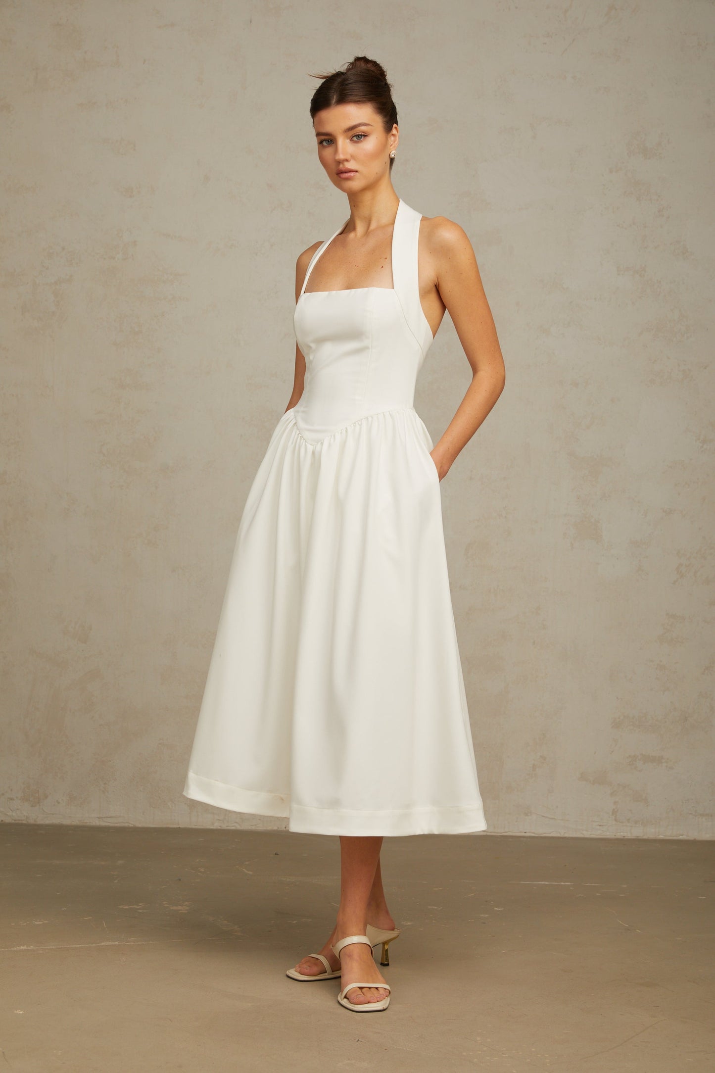 Alizée halterneck pleated midi dress in White