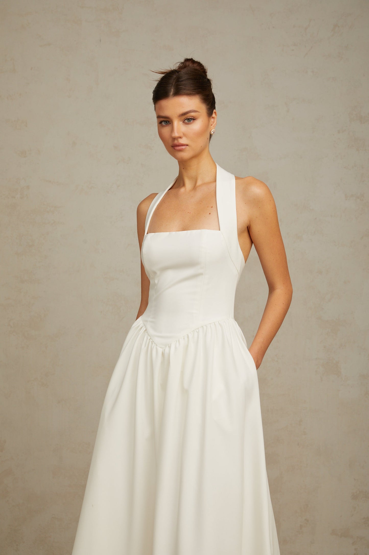 Alizée halterneck pleated midi dress in White