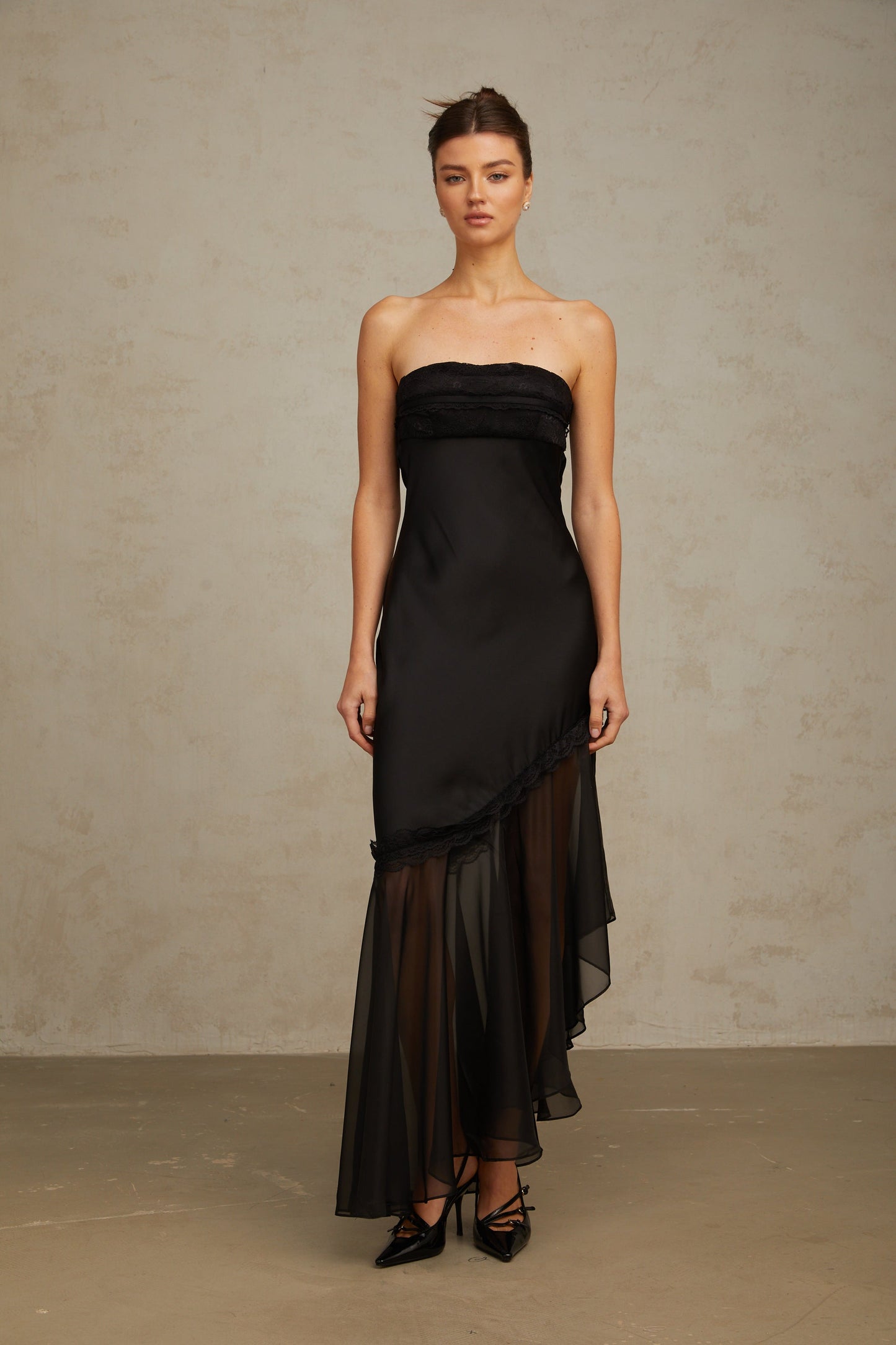 Bernadette black tulle-panelling satin maxi dress