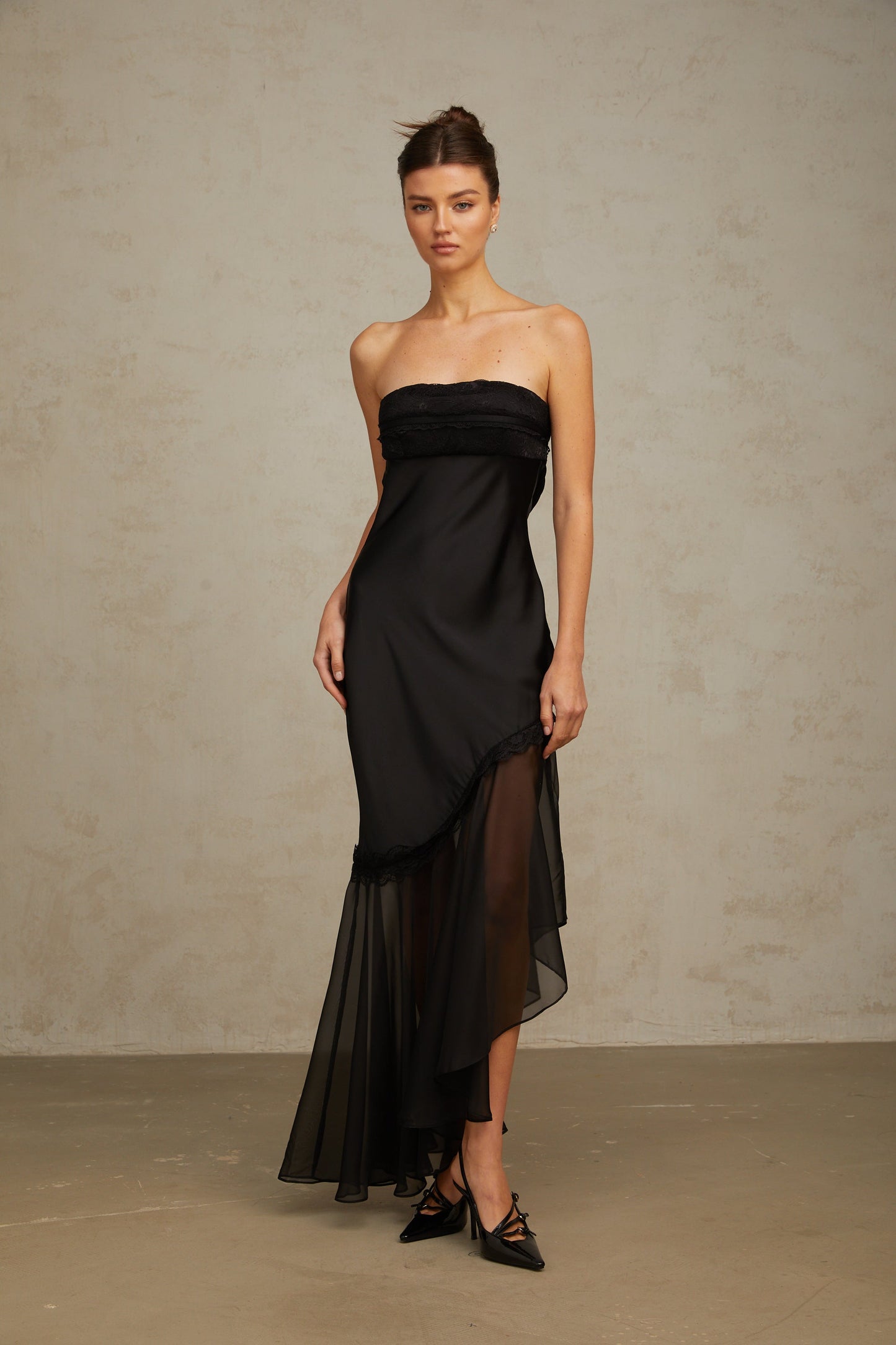 Bernadette black tulle-panelling satin maxi dress
