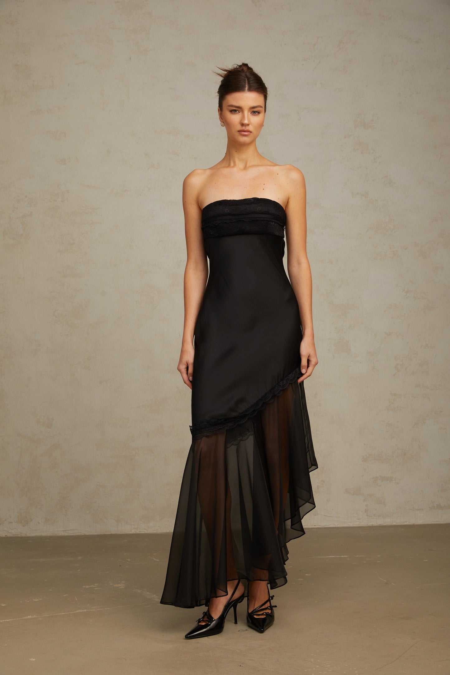 Bernadette black tulle-panelling satin maxi dress