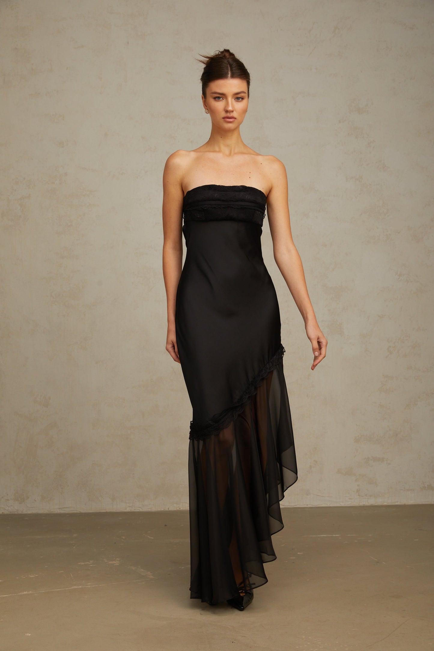 Bernadette black tulle-panelling satin maxi dress