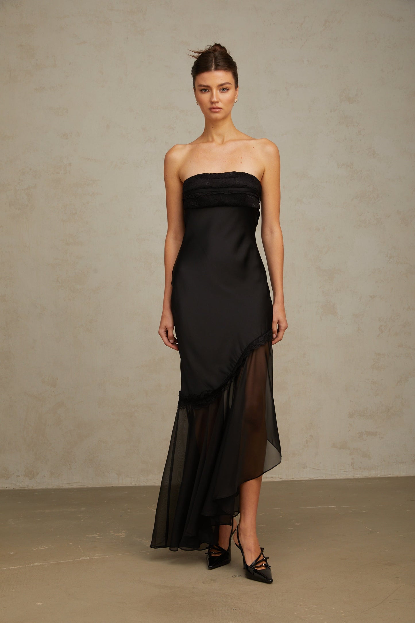 Bernadette black tulle-panelling satin maxi dress