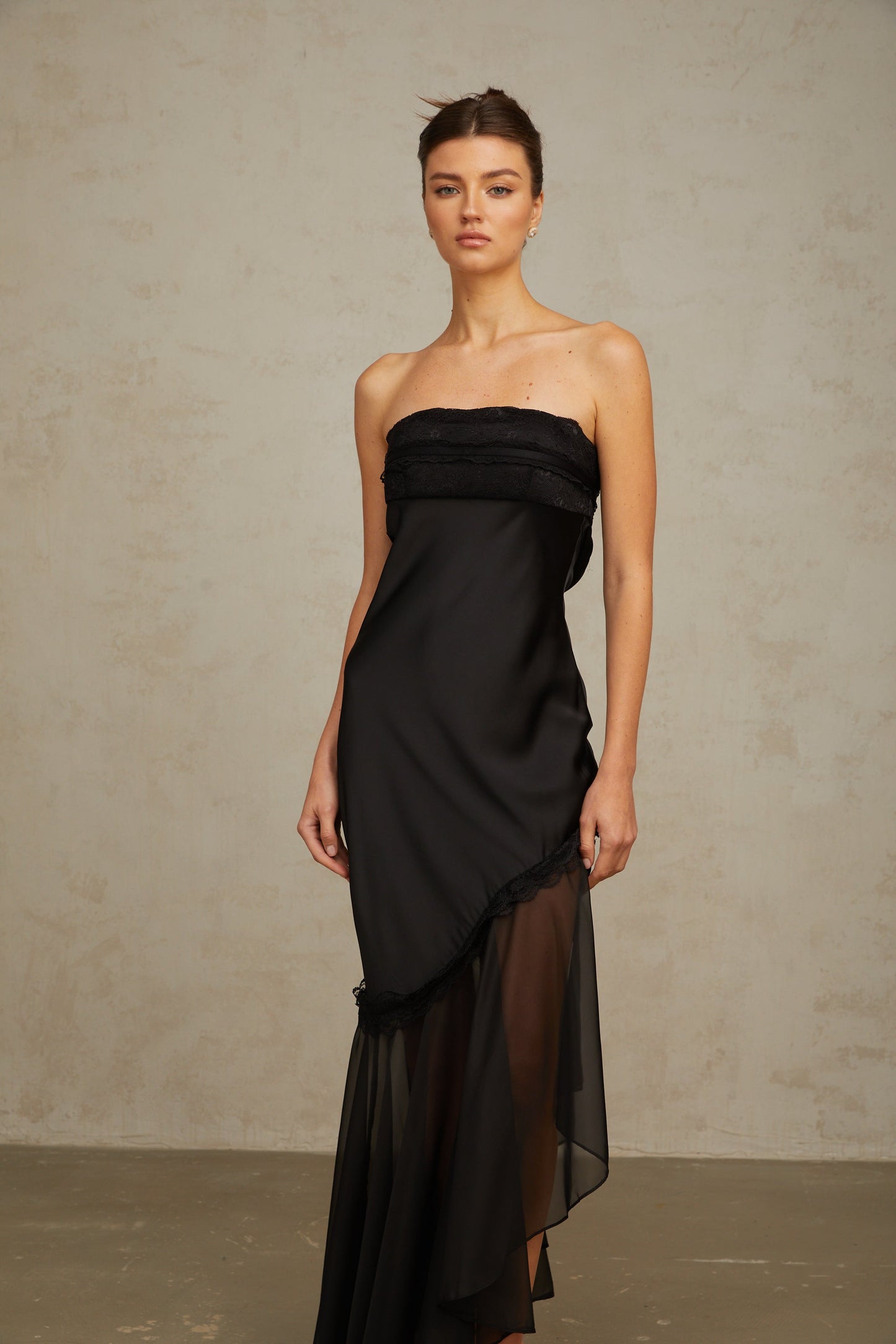 Bernadette black tulle-panelling satin maxi dress