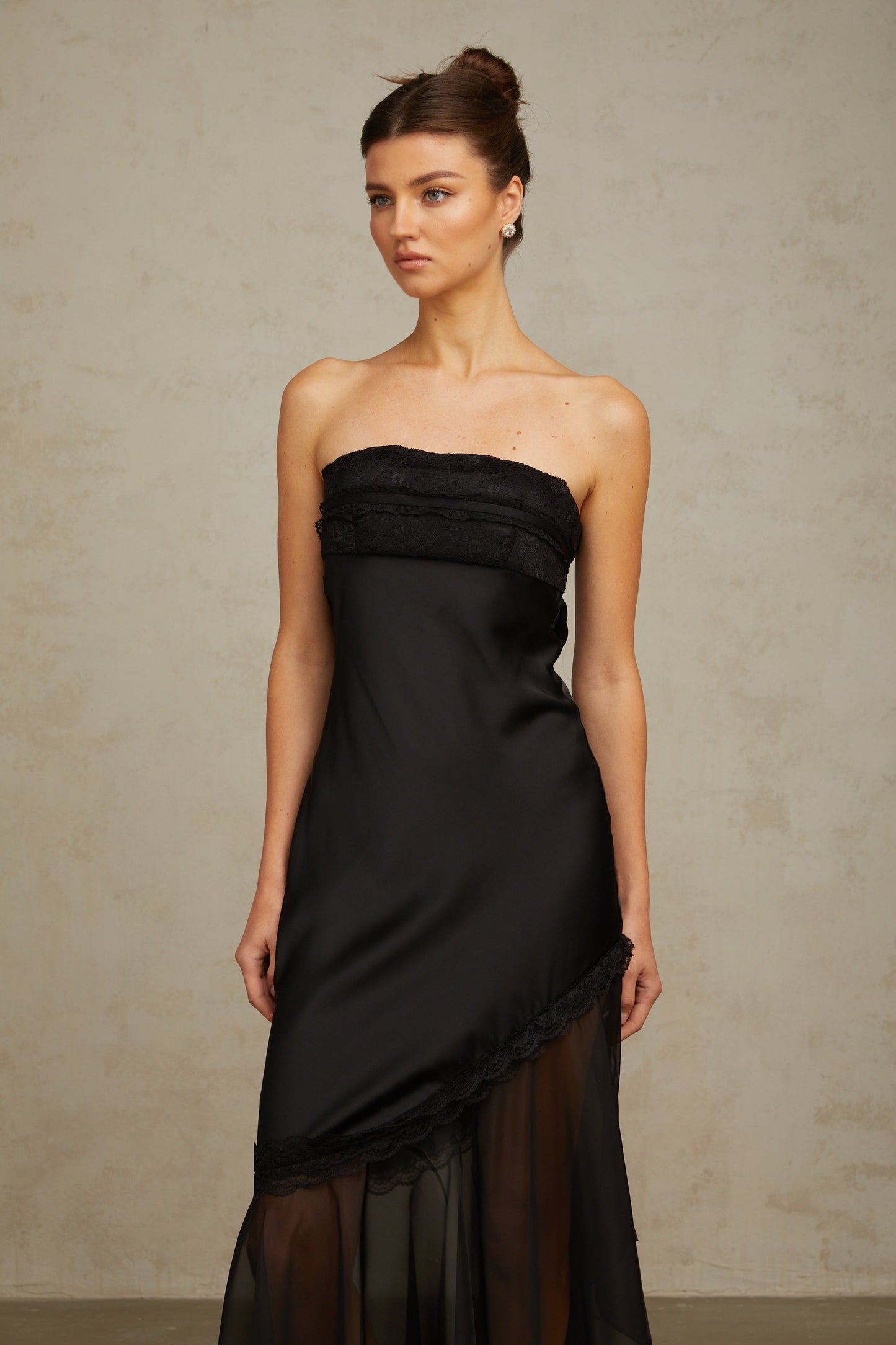 Bernadette black tulle-panelling satin maxi dress
