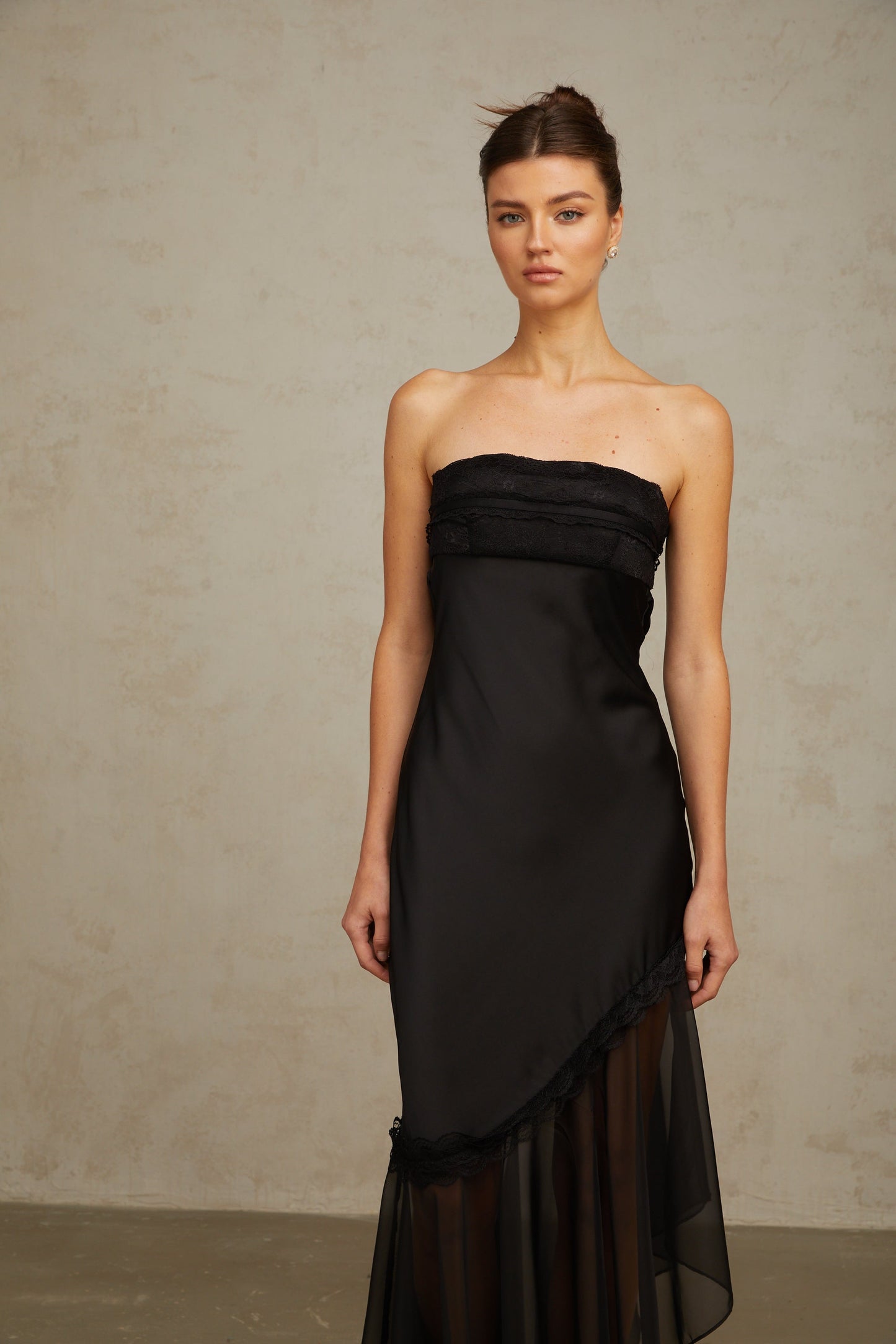 Bernadette black tulle-panelling satin maxi dress